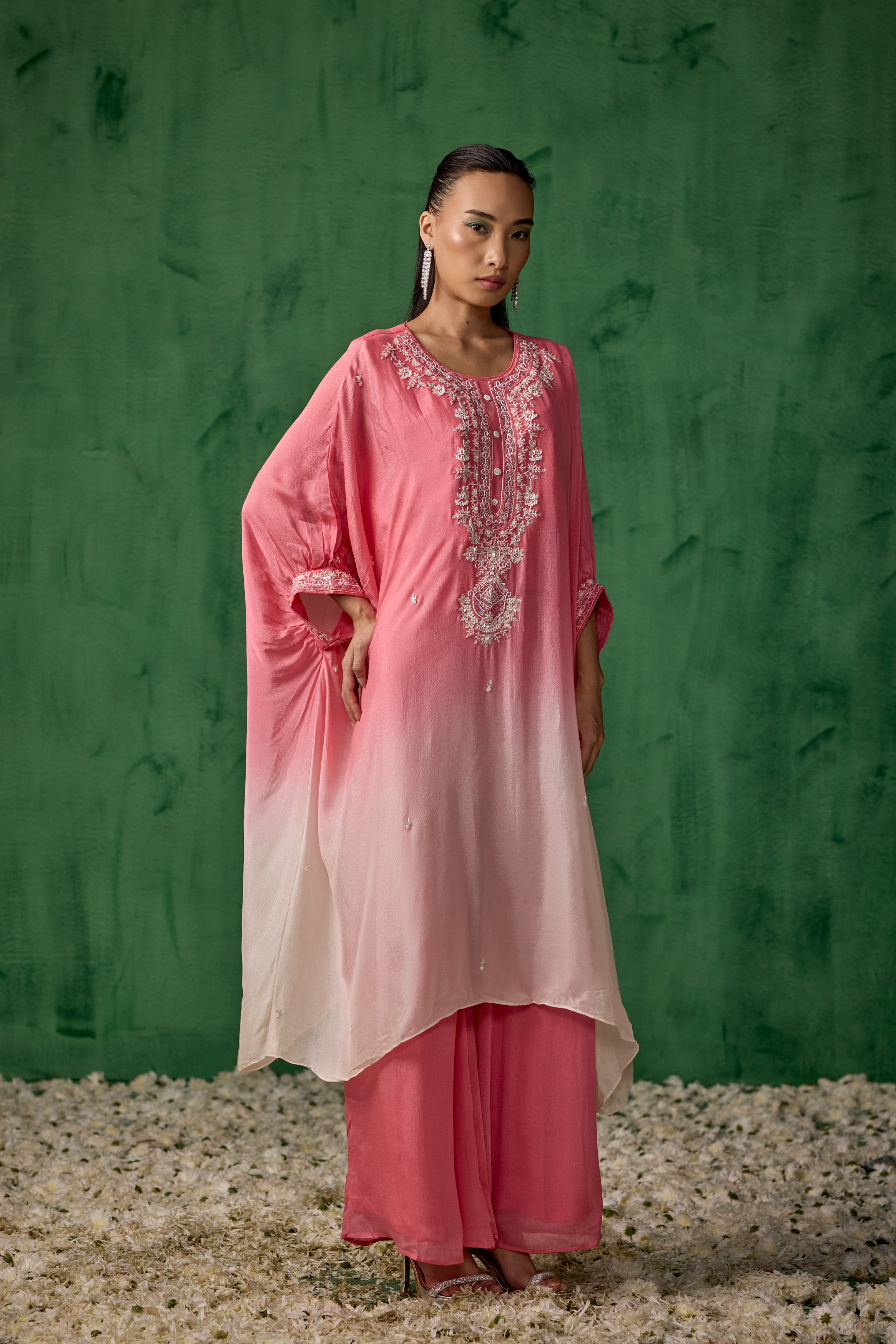 Blush Pink Ombre Embellished Organza Silk Kaftan Set