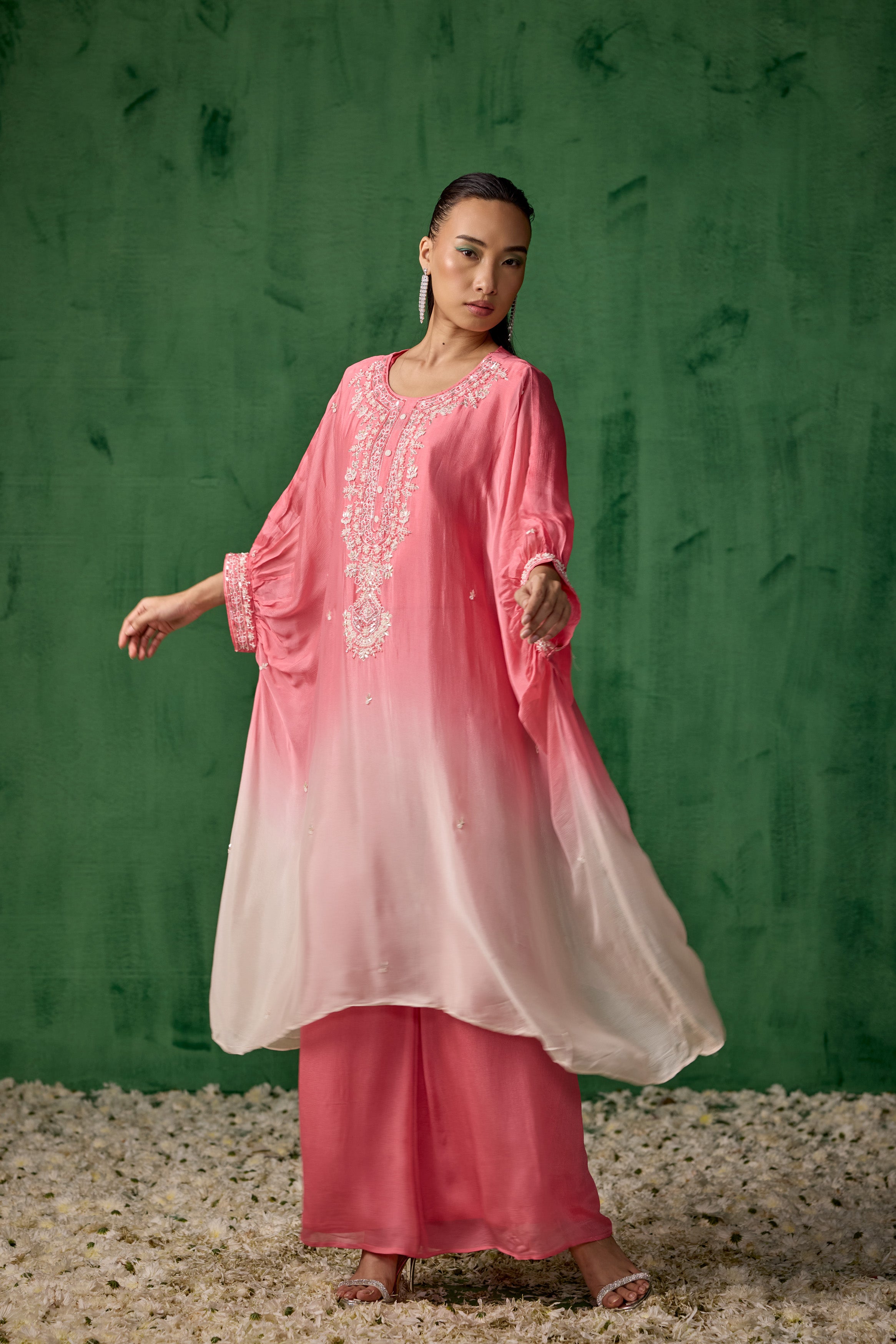 Blush Pink Ombre Embellished Organza Silk Kaftan Set