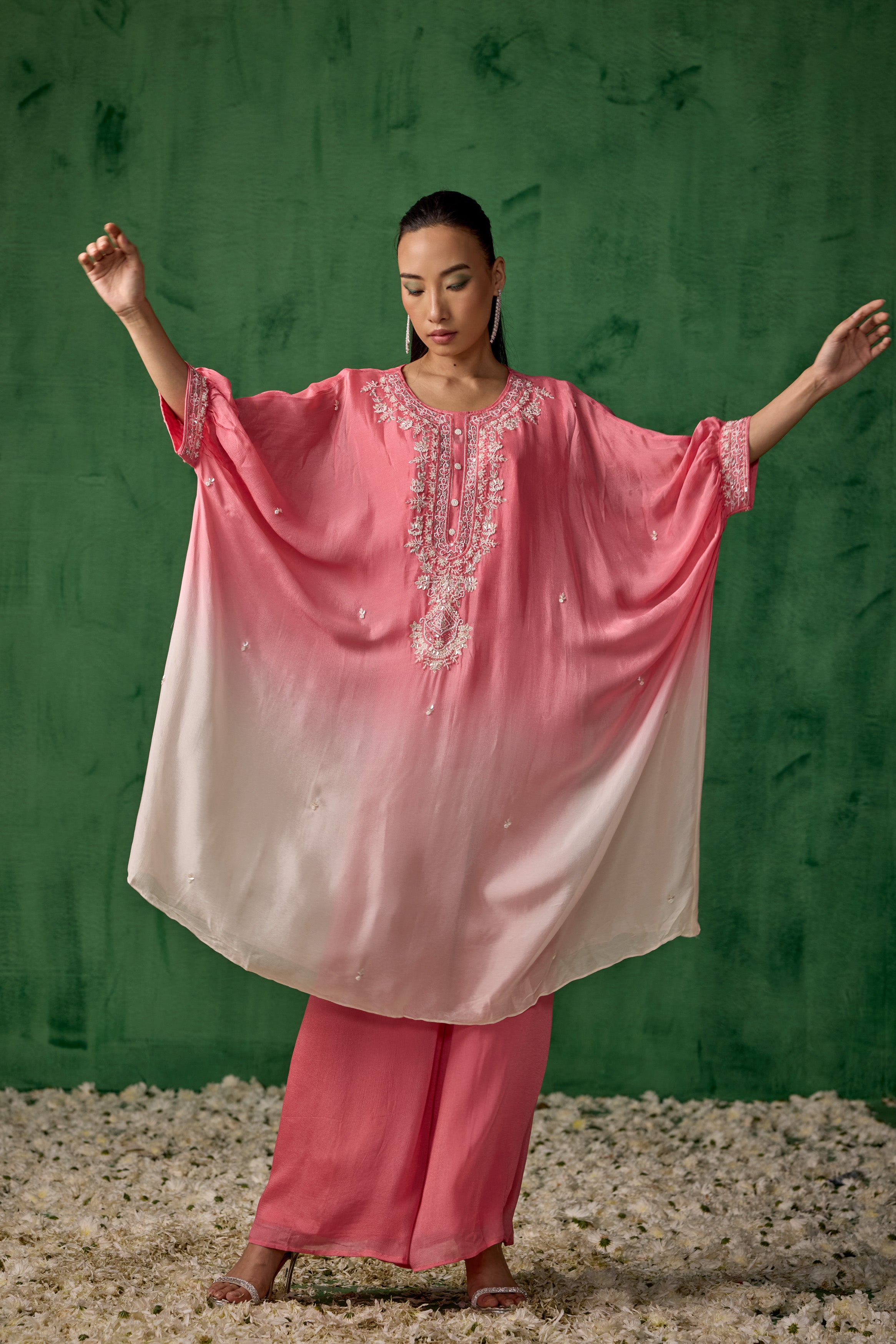 Blush Pink Ombre Embellished Organza Silk Kaftan Set