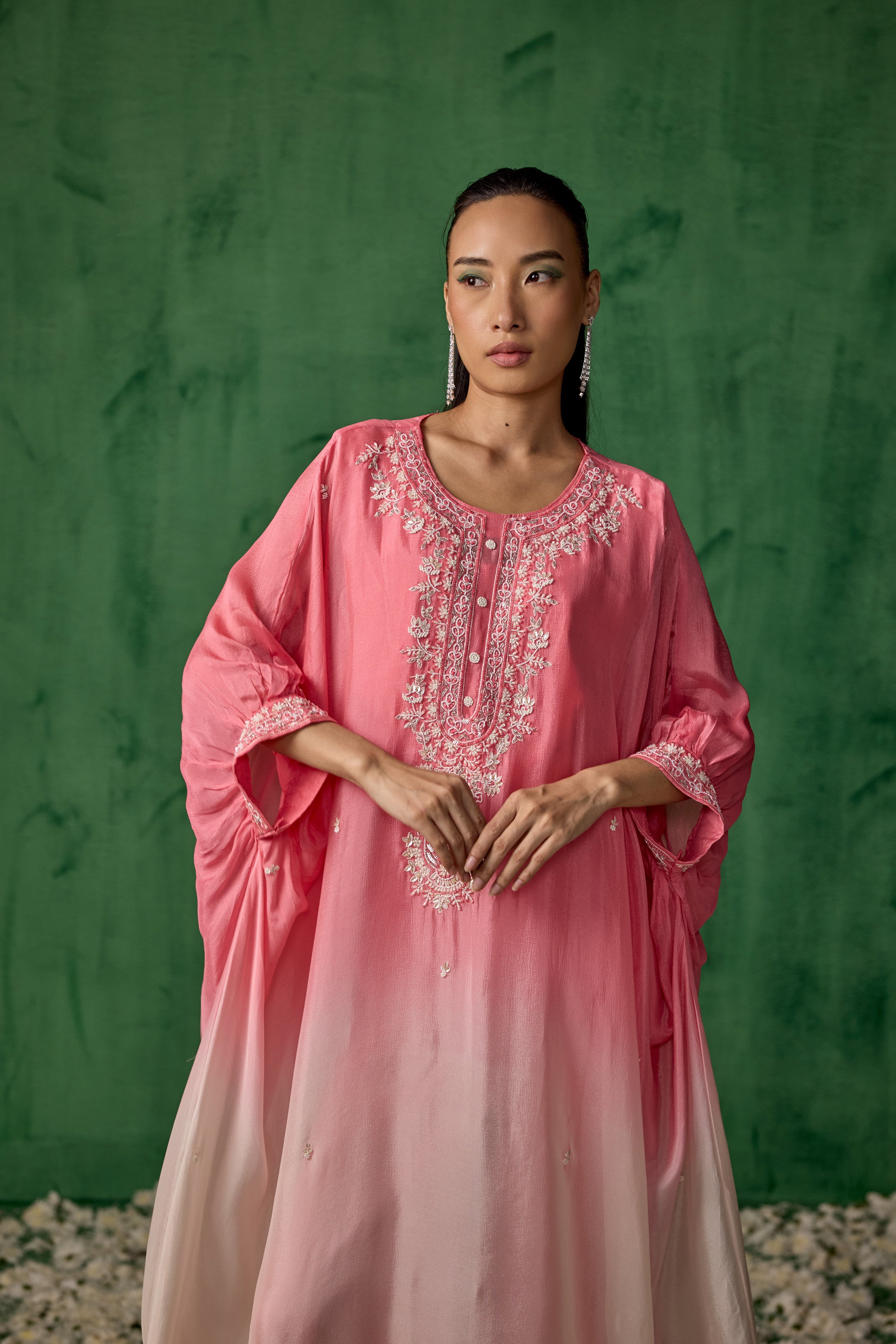 Blush Pink Ombre Embellished Organza Silk Kaftan Set