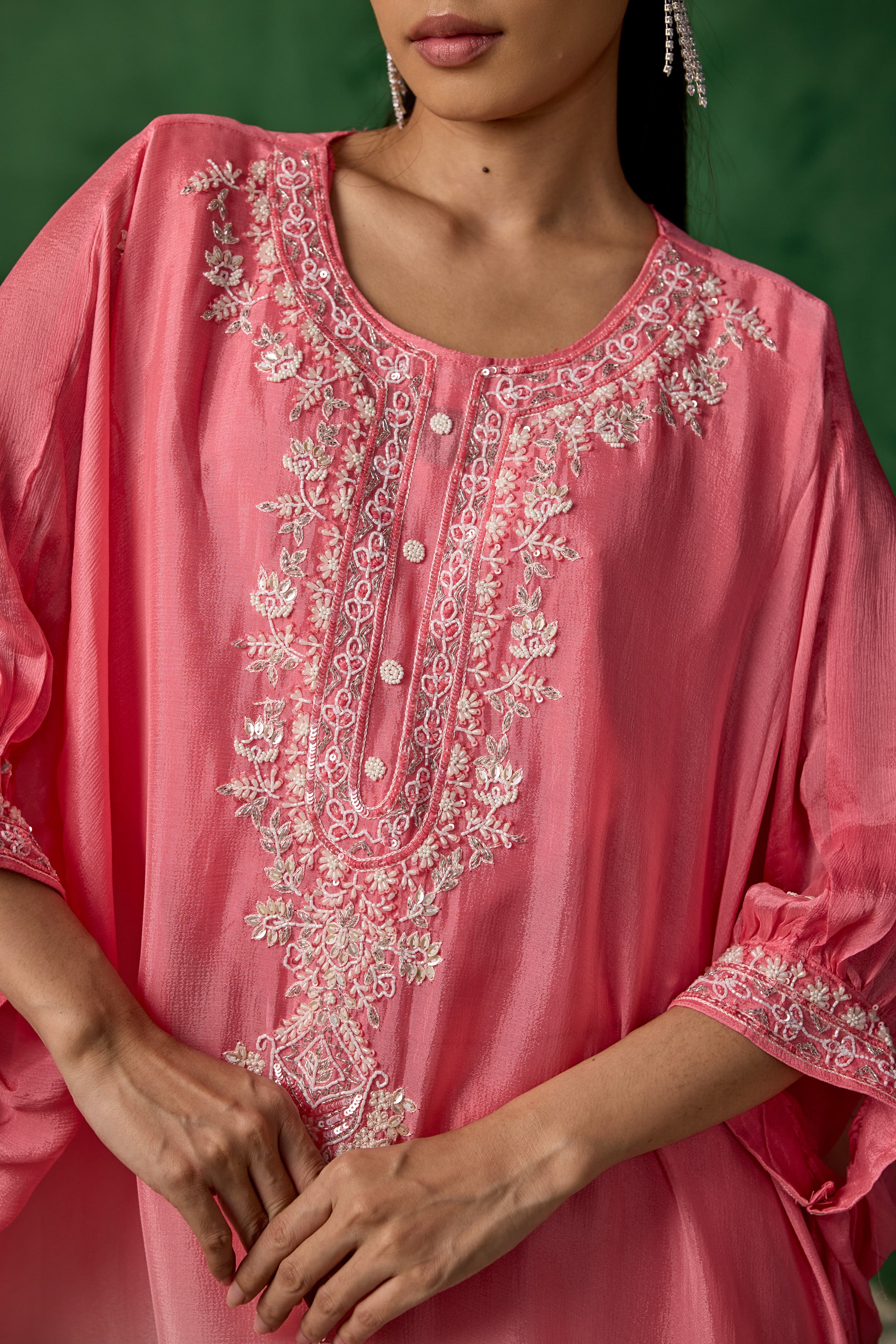 Blush Pink Ombre Embellished Organza Silk Kaftan Set