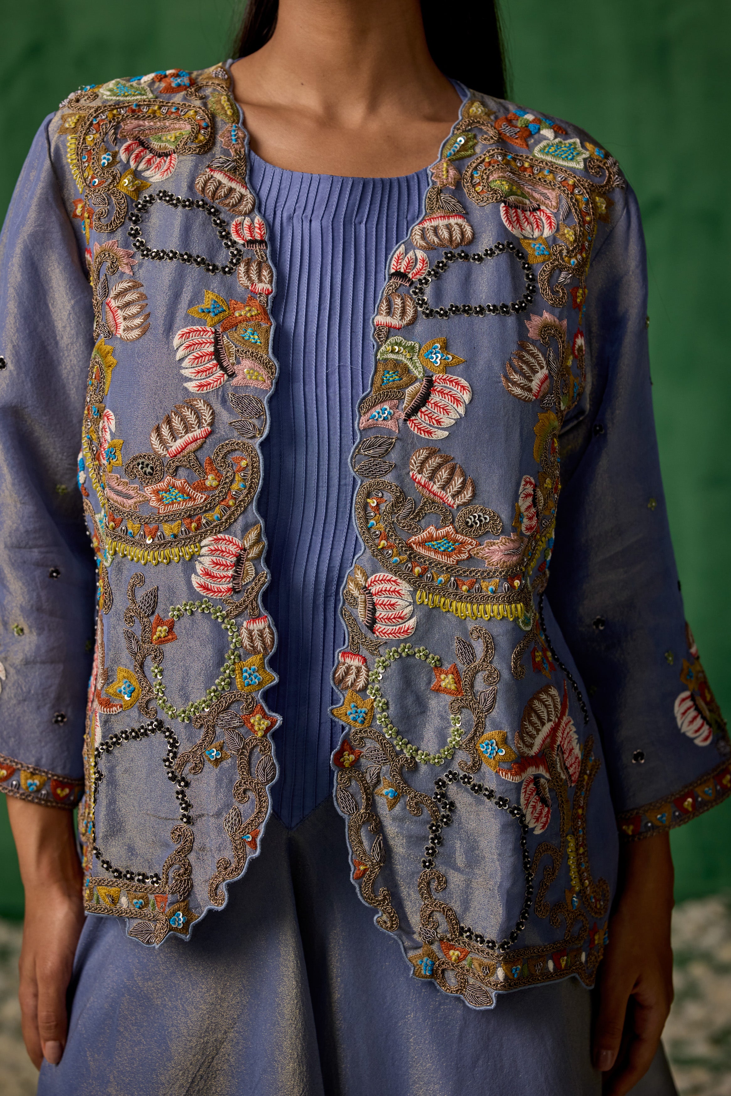 Powder Blue Embellished Satin Silk Tunic Set