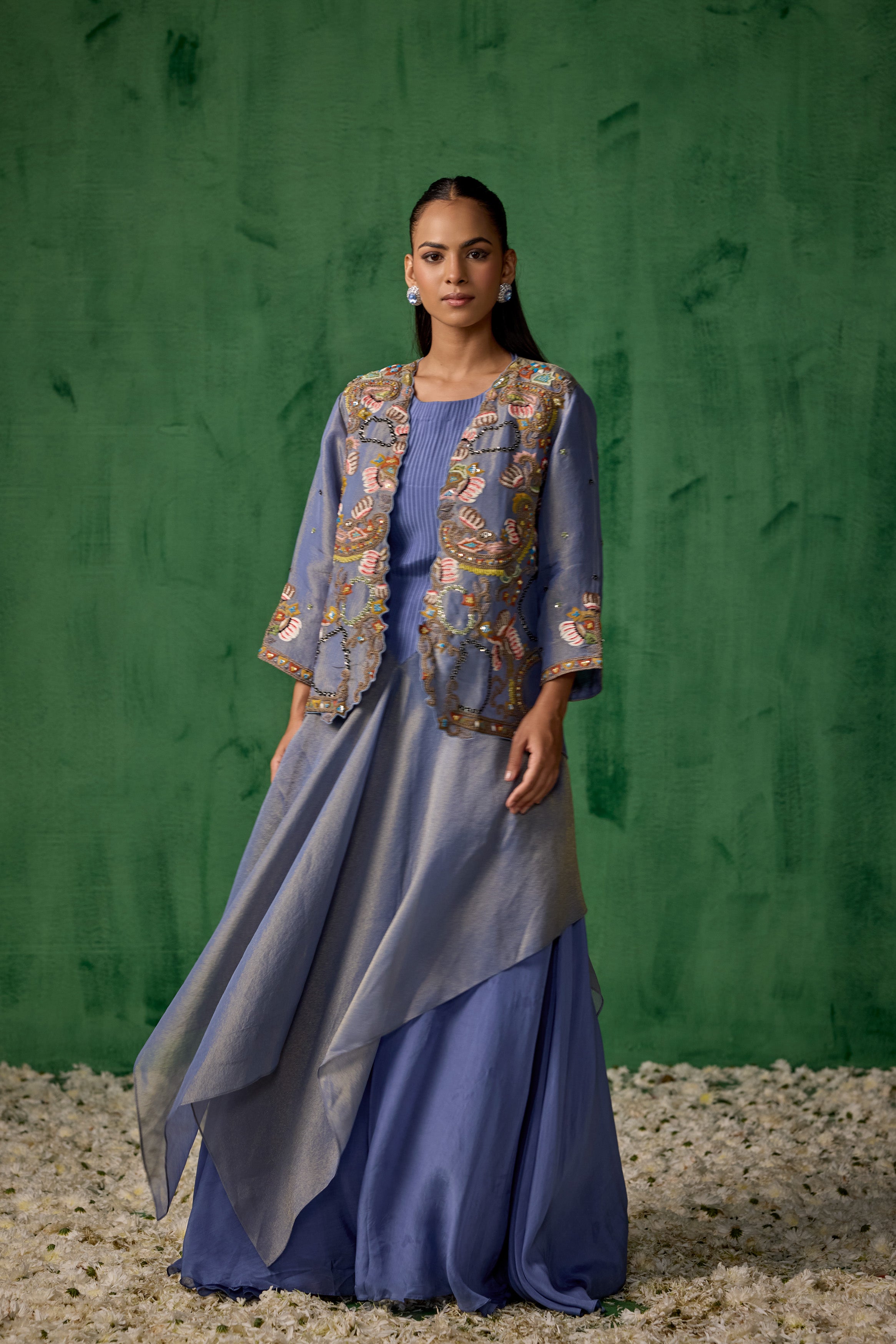 Powder Blue Embellished Satin Silk Tunic Set