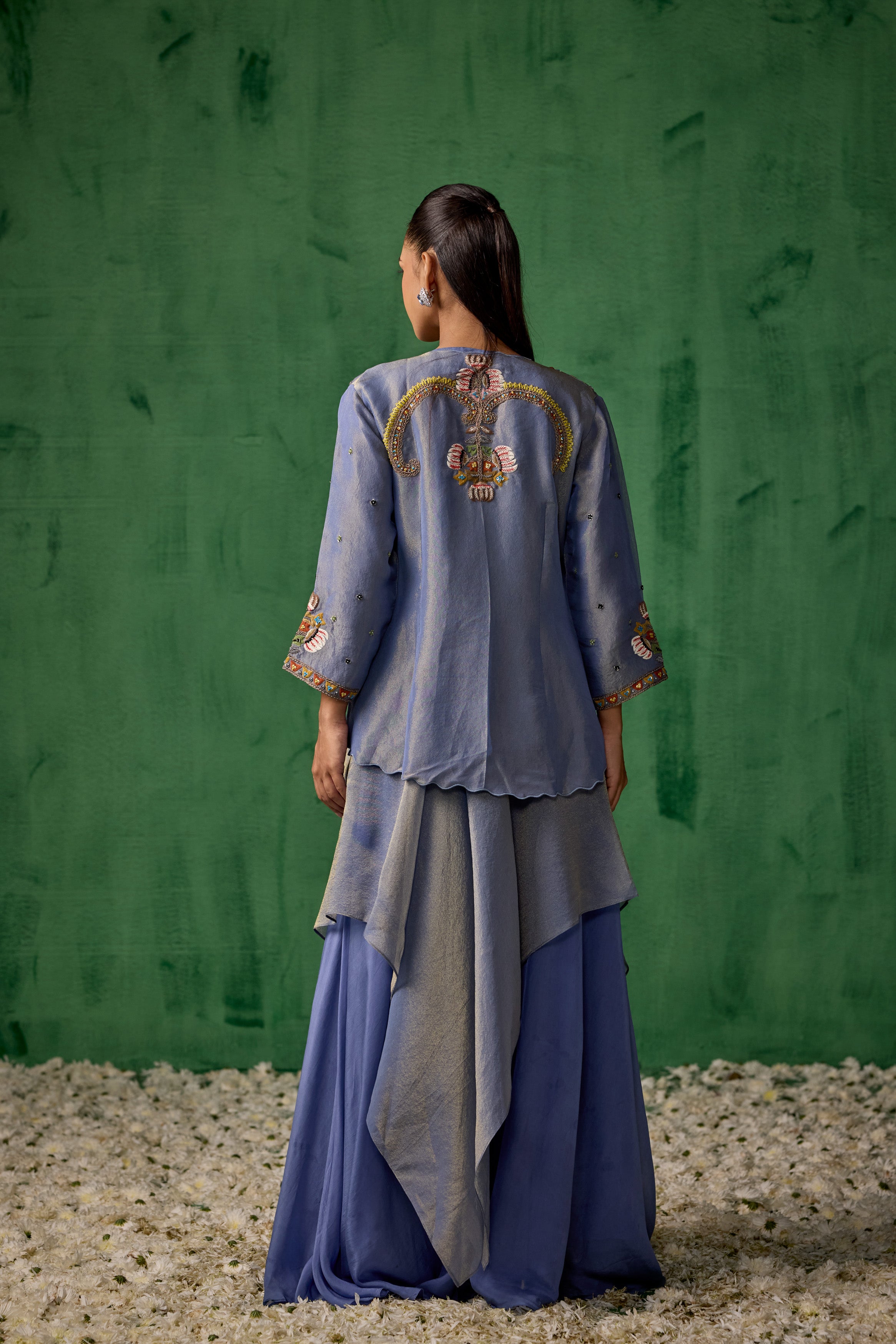 Powder Blue Embellished Satin Silk Tunic Set