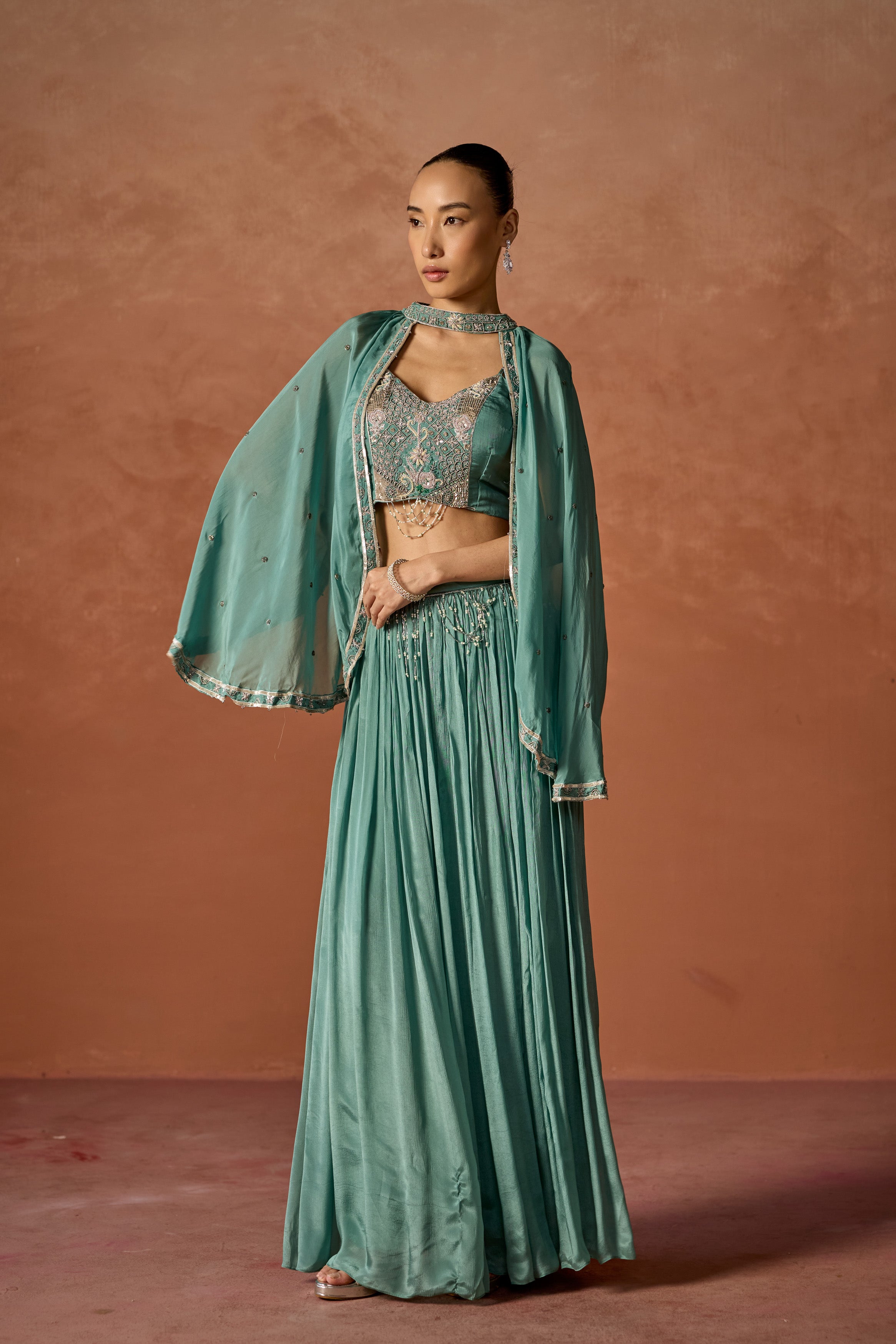 Basil Green Embellished Chinon Silk Cape Set