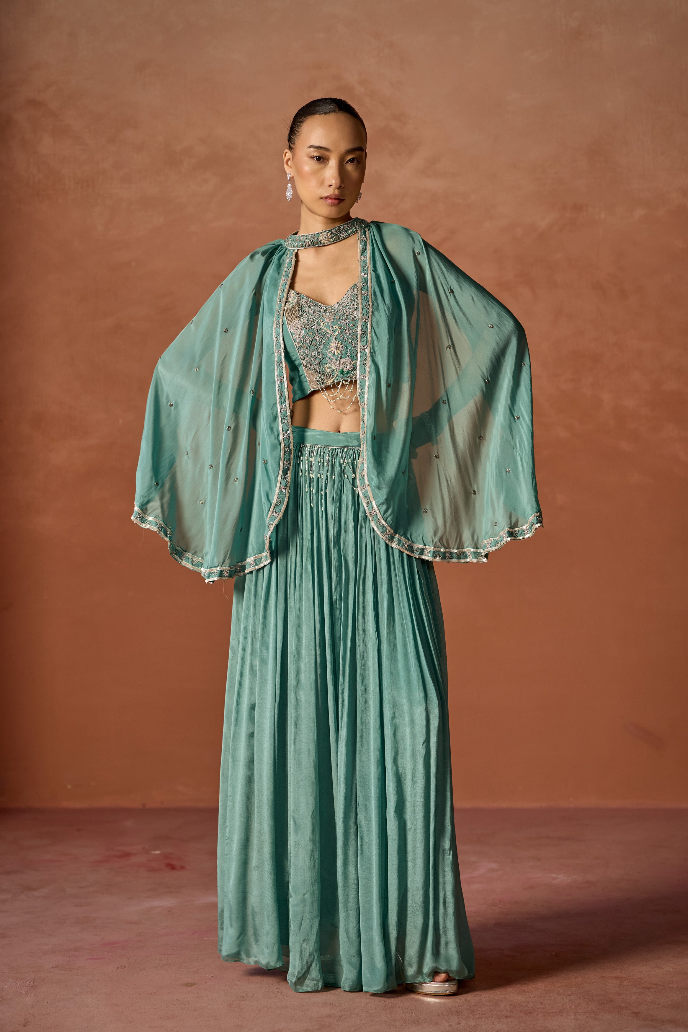 Basil Green Embellished Chinon Silk Cape Set