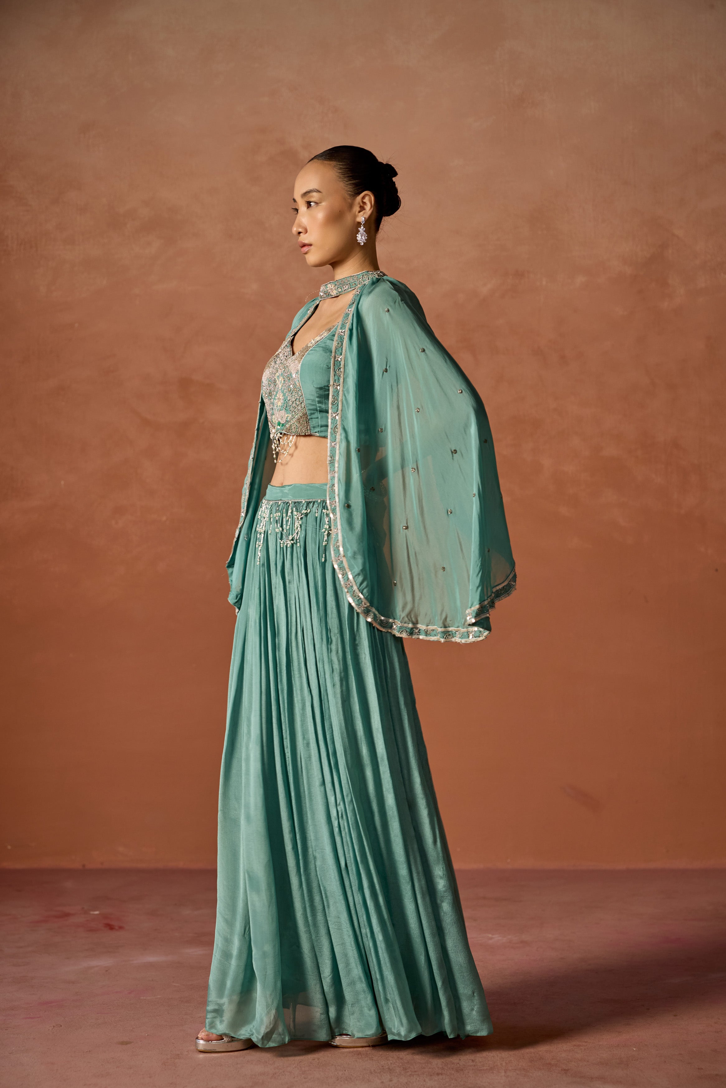 Basil Green Embellished Chinon Silk Cape Set