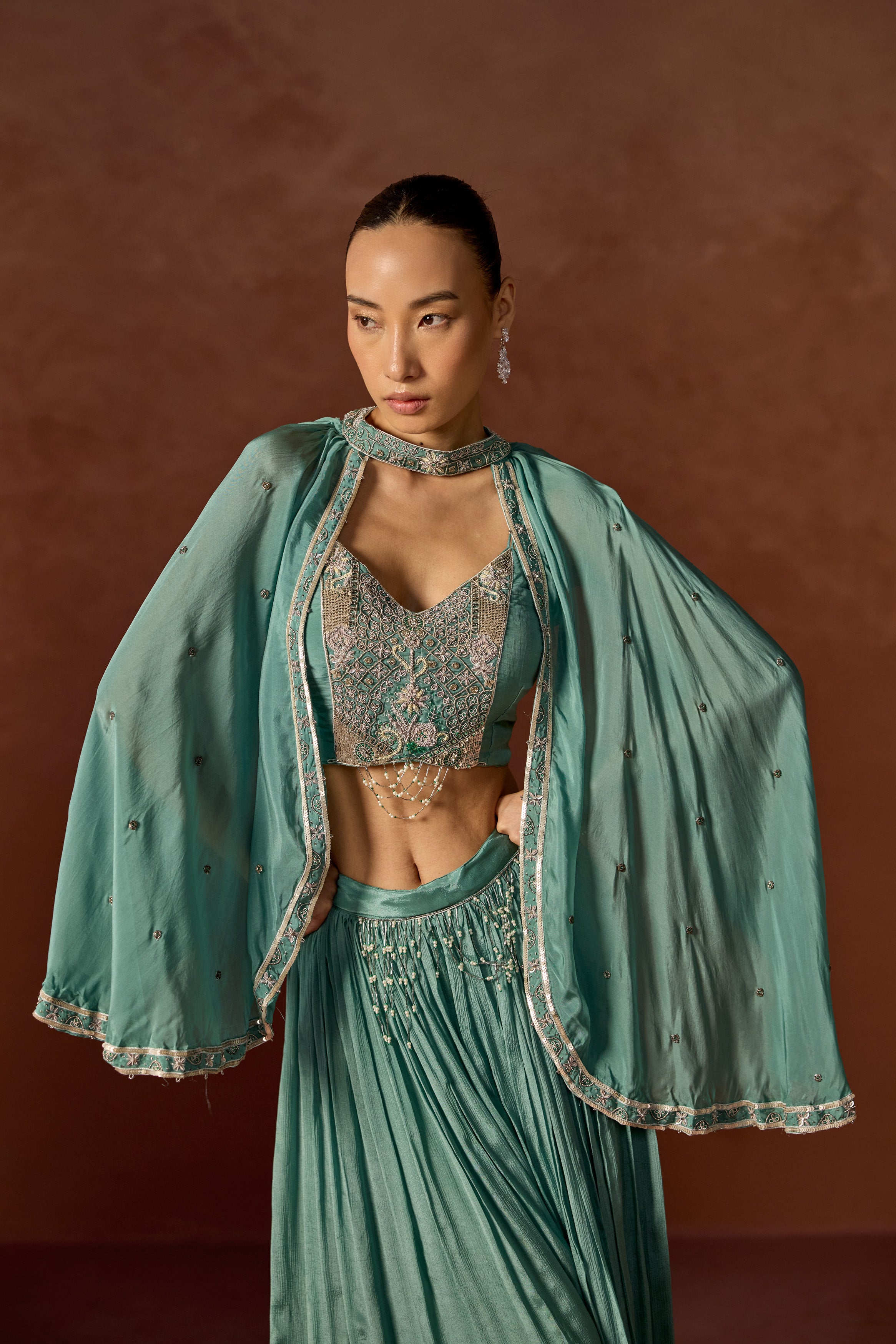 Basil Green Embellished Chinon Silk Cape Set