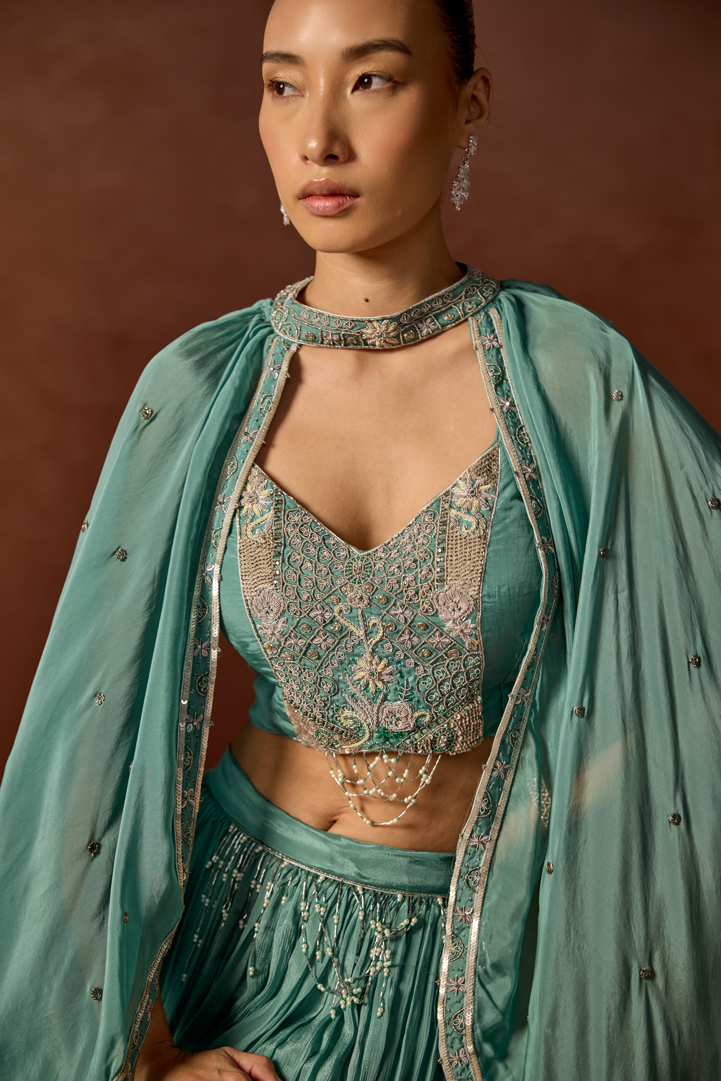 Basil Green Embellished Chinon Silk Cape Set