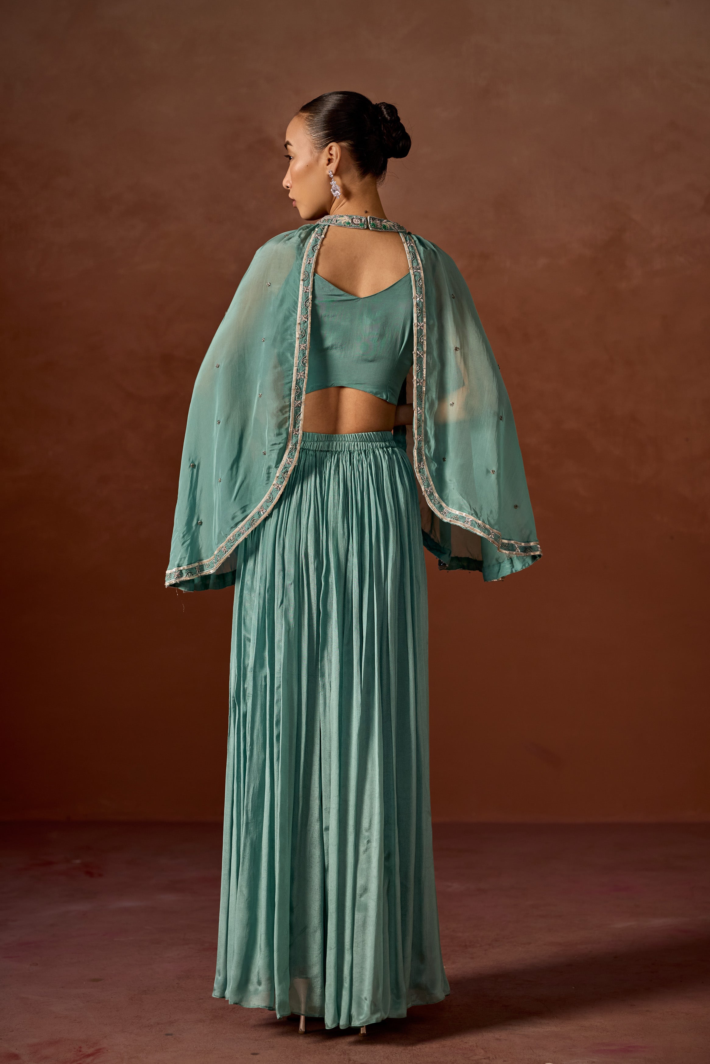 Basil Green Embellished Chinon Silk Cape Set