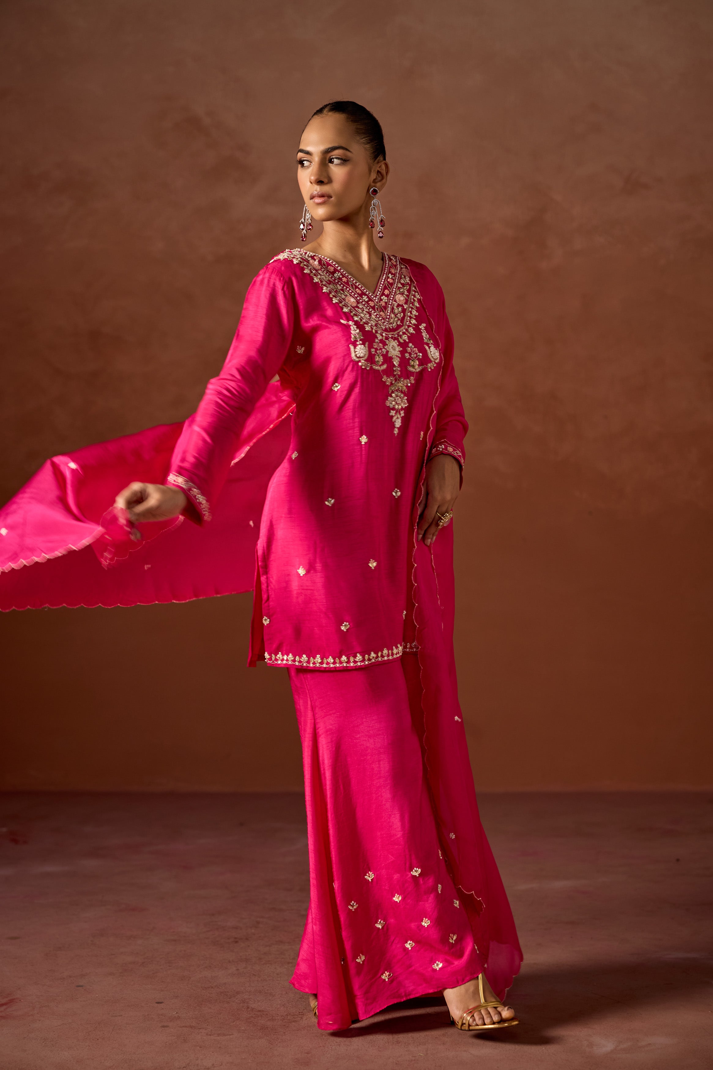 Hot Pink Embellished Raw Silk Palazzo Set