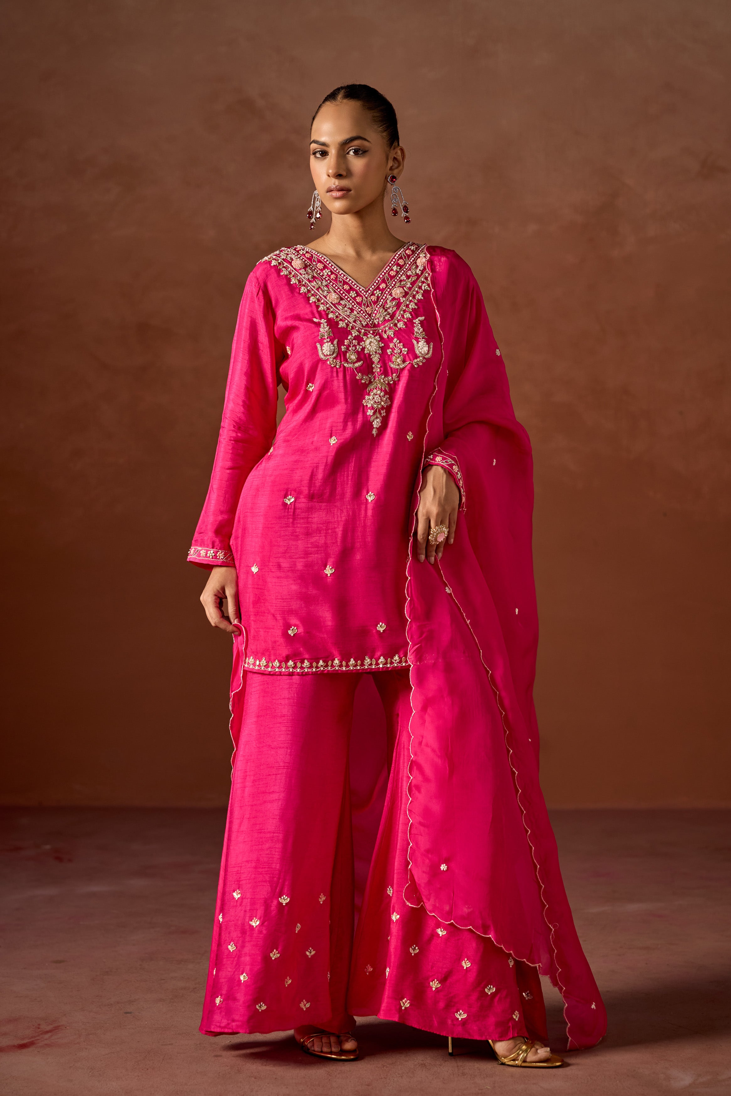 Hot Pink Embellished Raw Silk Palazzo Set