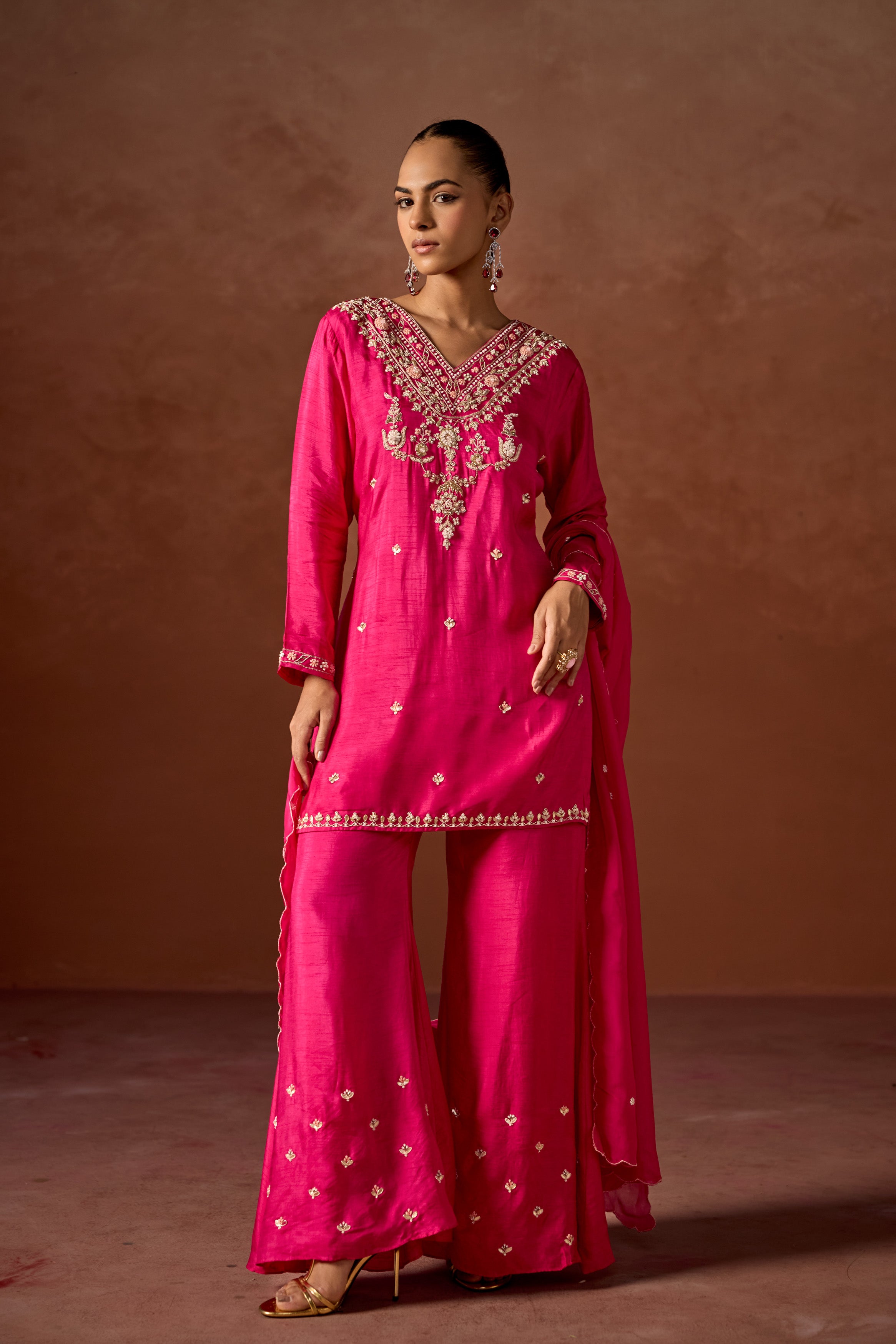 Hot Pink Embellished Raw Silk Palazzo Set