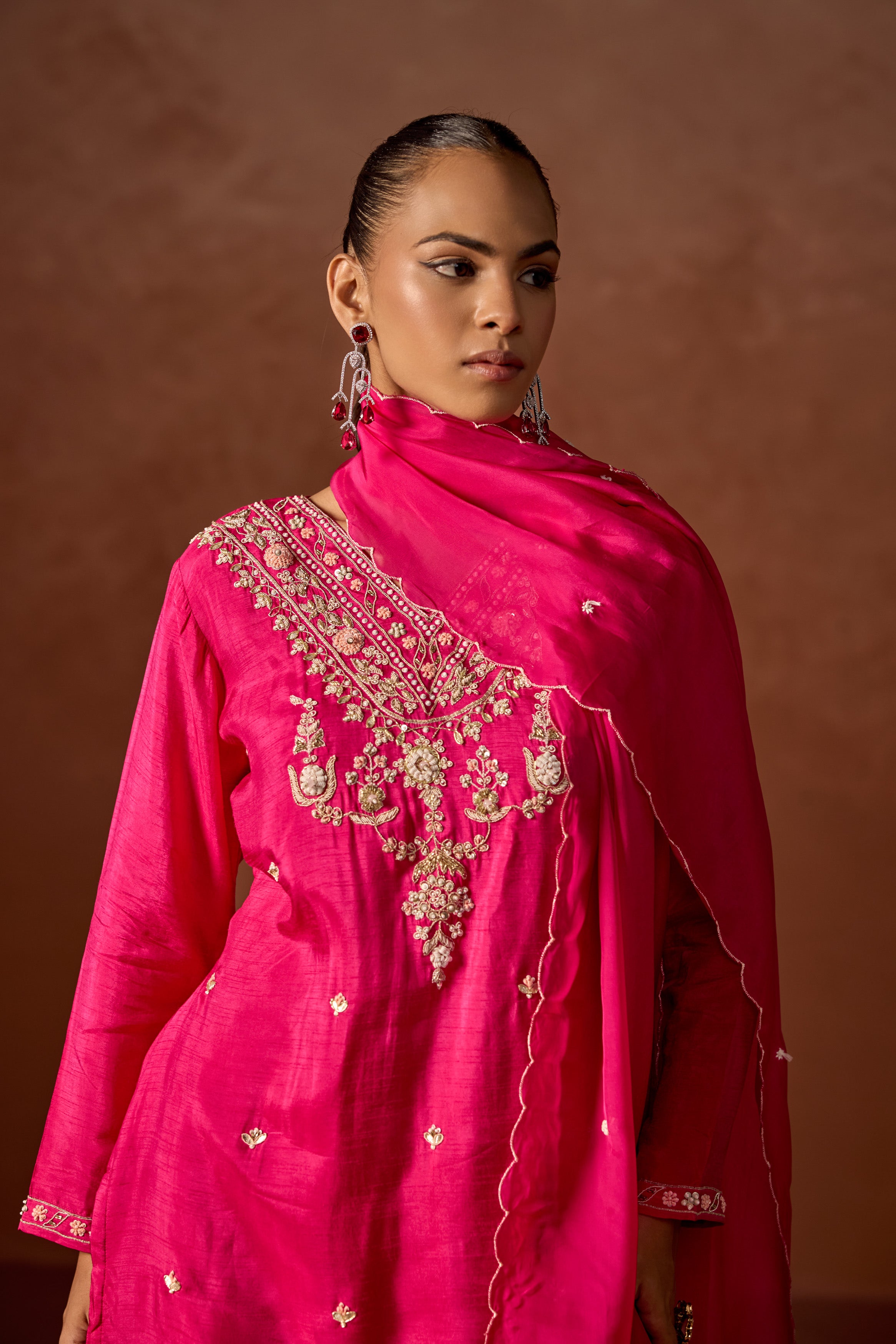 Hot Pink Embellished Raw Silk Palazzo Set