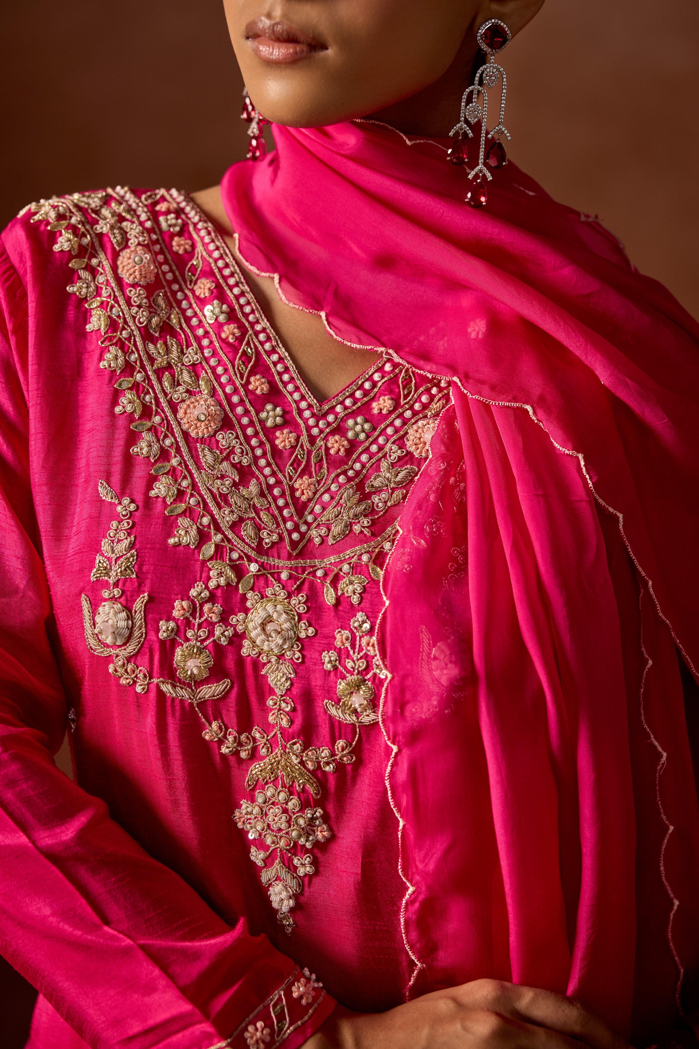 Hot Pink Embellished Raw Silk Palazzo Set