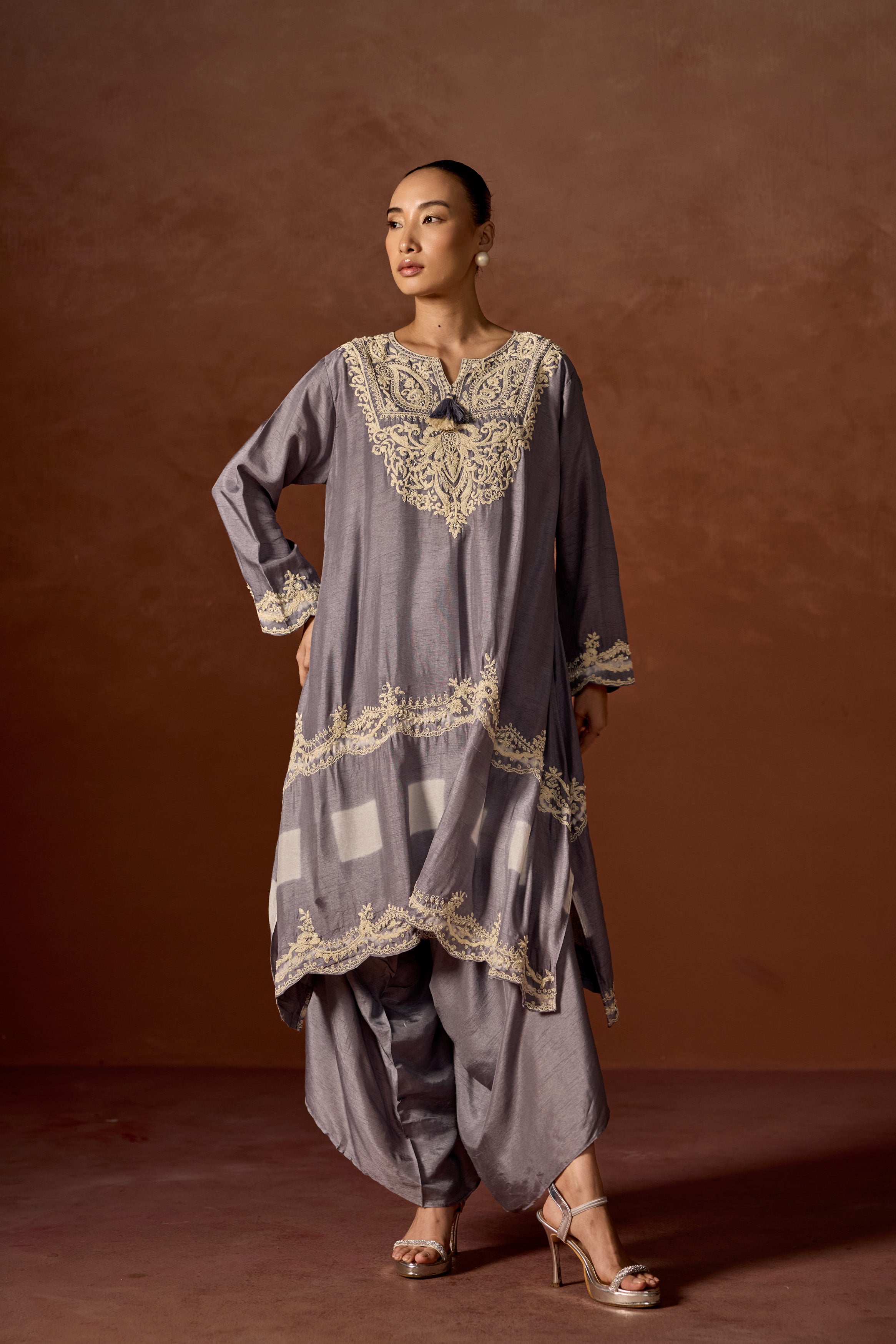 Mauve Grey Embroidered Raw Silk Palazzo Set