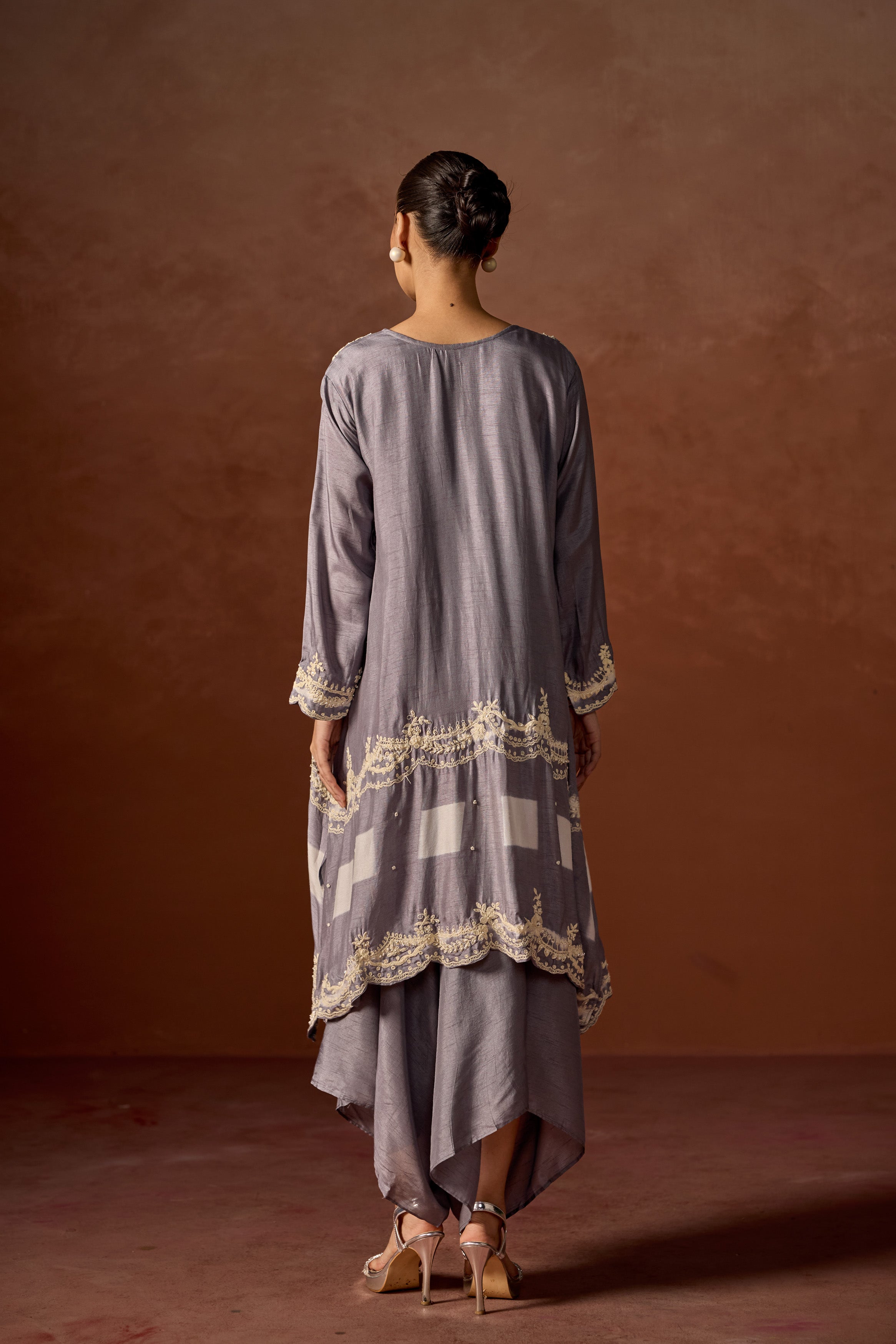 Mauve Grey Embroidered Raw Silk Palazzo Set