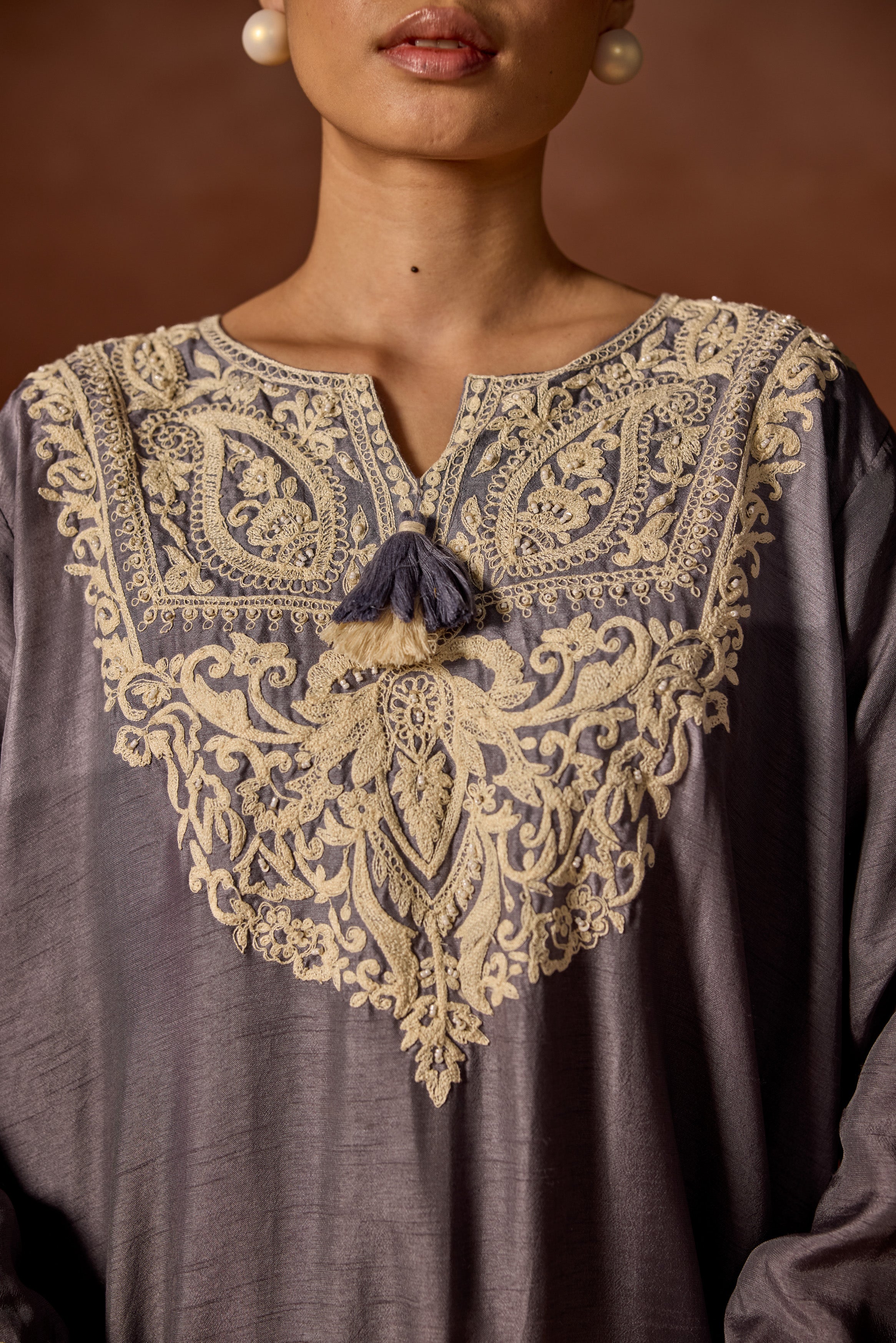 Mauve Grey Embroidered Raw Silk Palazzo Set