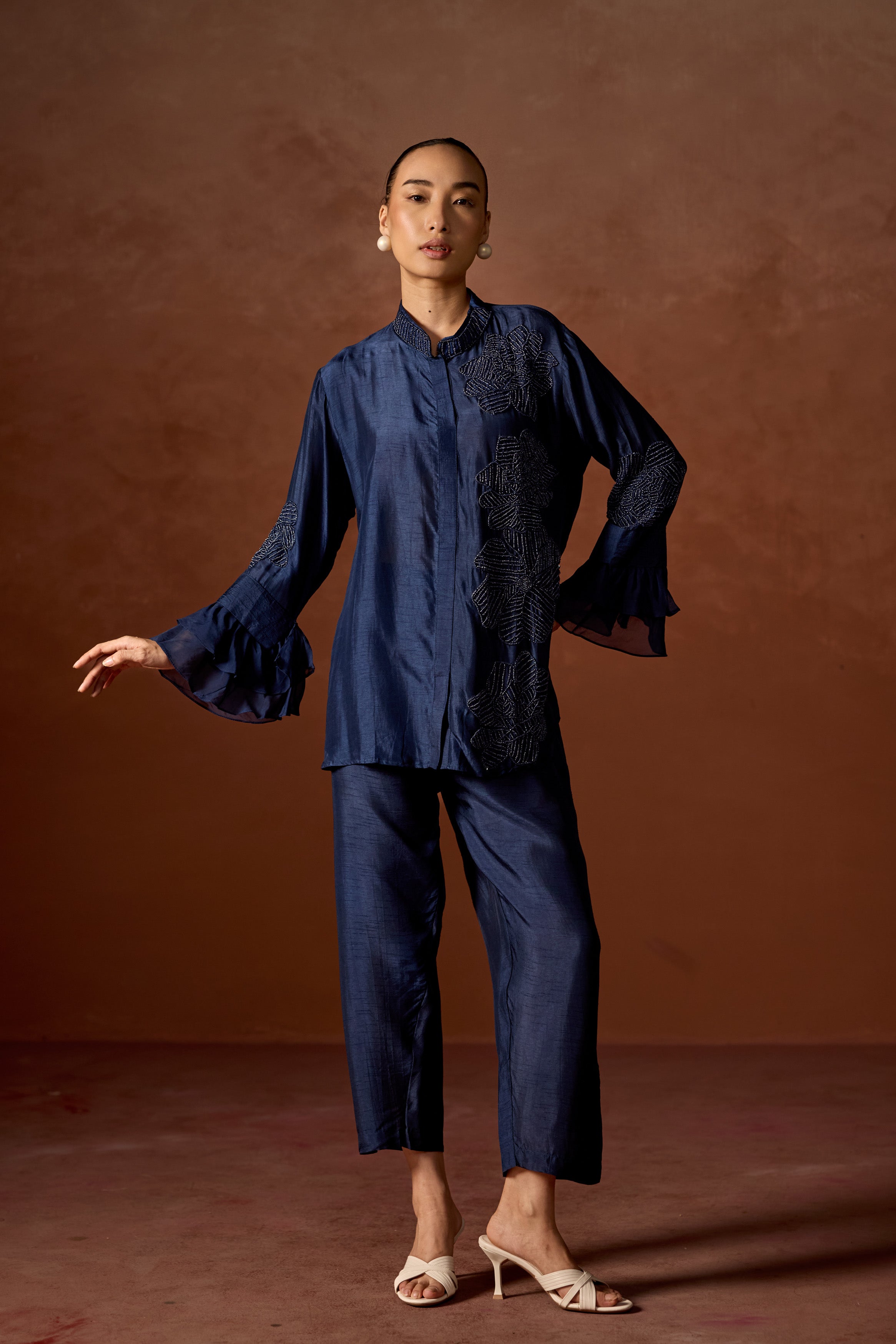 Twilight Blue Embellished Raw Silk Co-ord Set