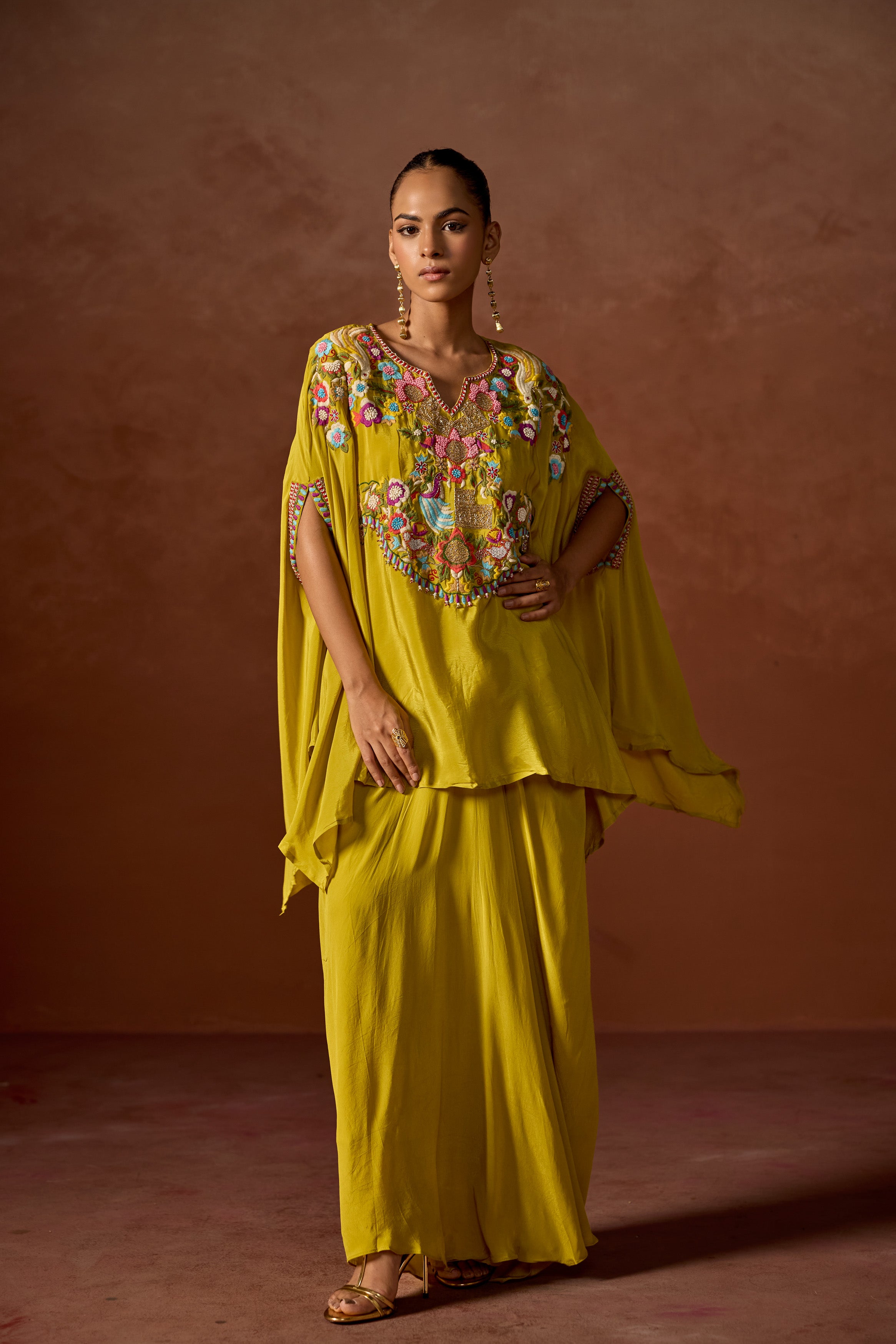 Mustard Yellow Embroidered Premium Silk Kaftan Set