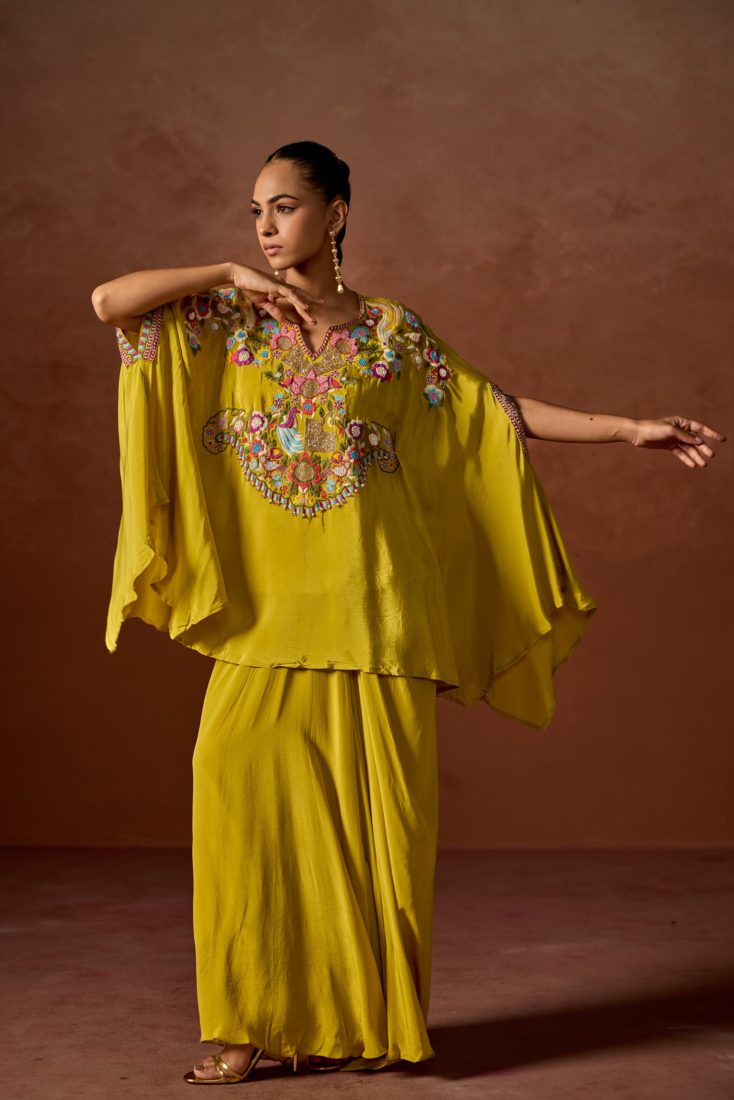Mustard Yellow Embroidered Premium Silk Kaftan Set