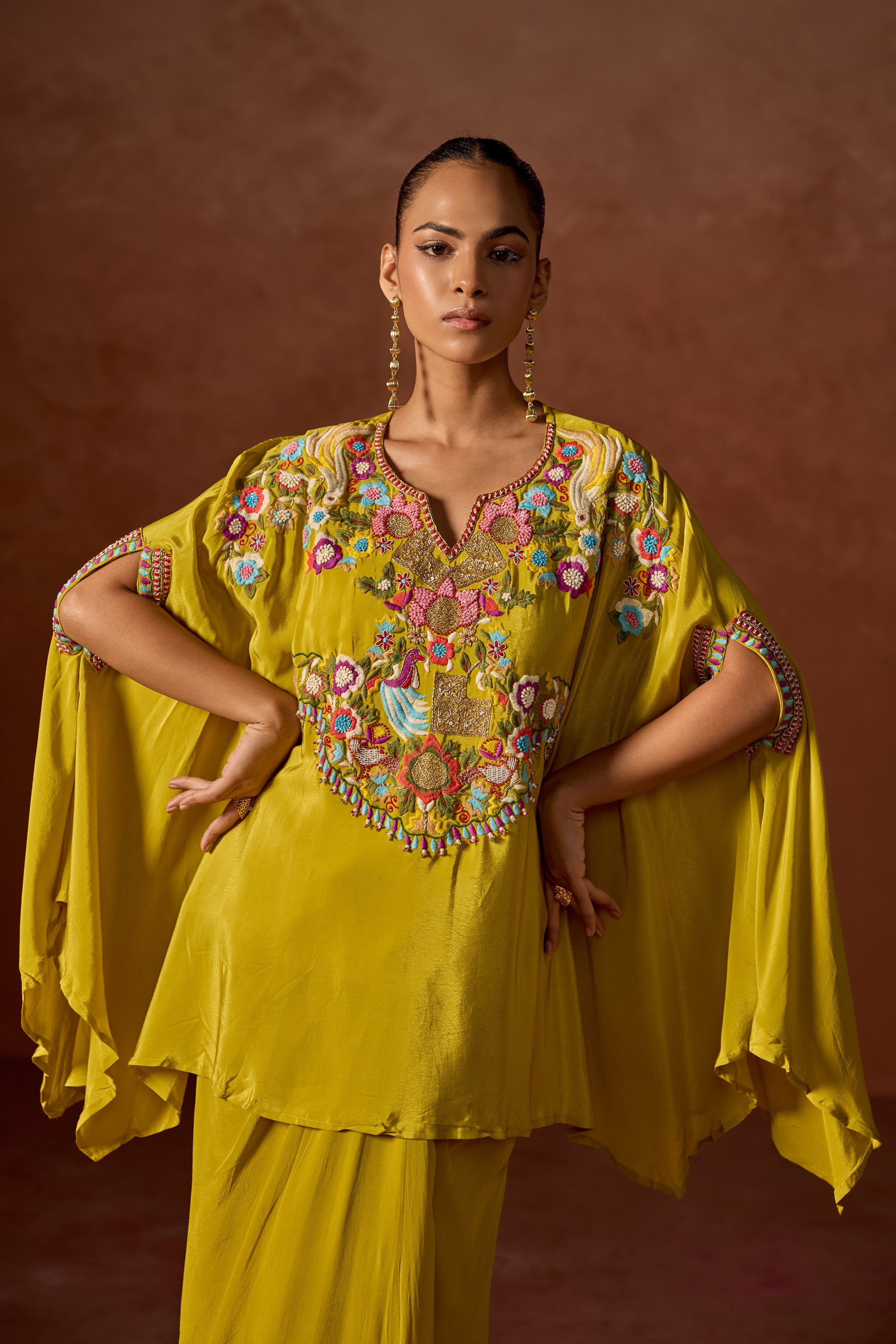 Mustard Yellow Embroidered Premium Silk Kaftan Set