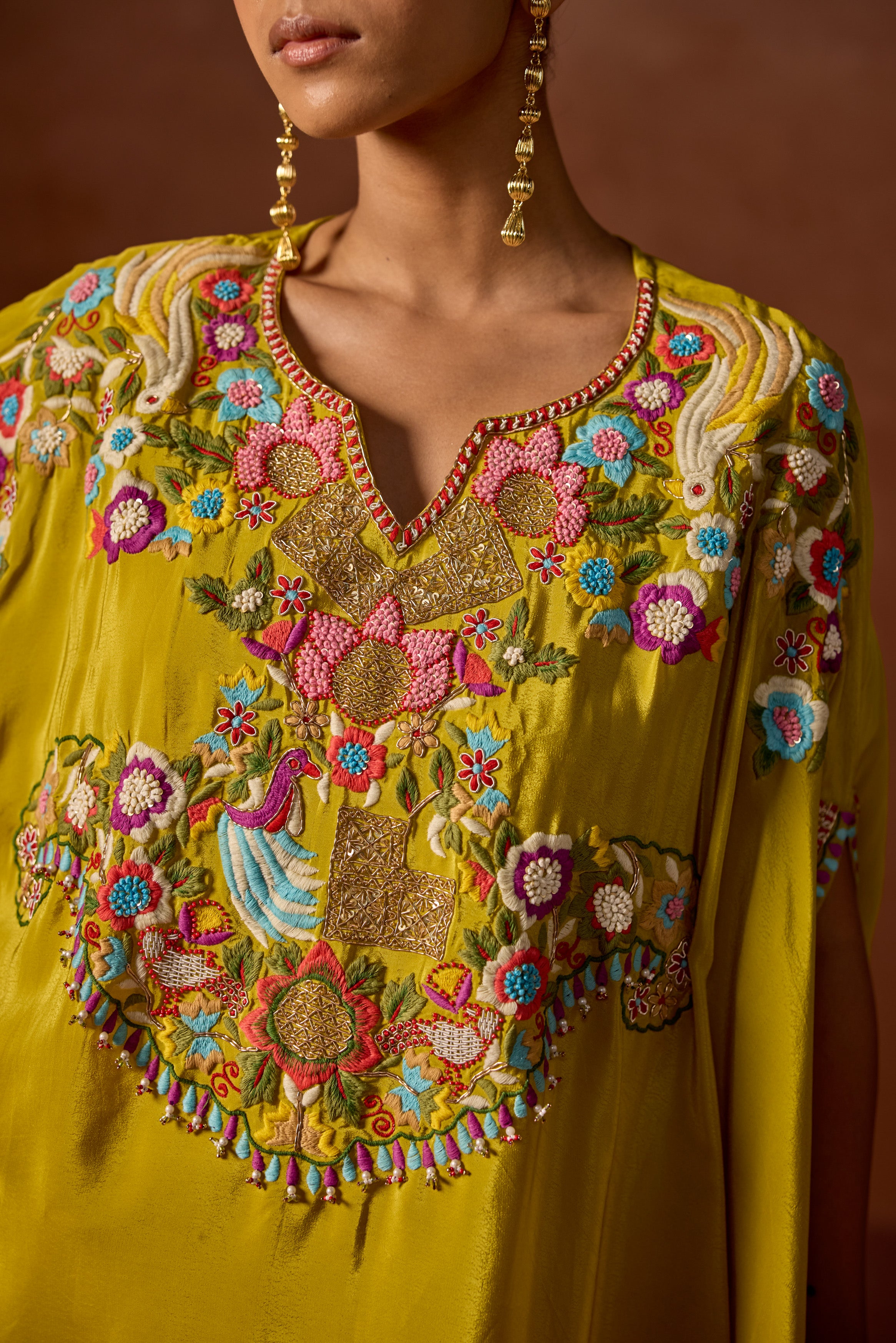 Mustard Yellow Embroidered Premium Silk Kaftan Set