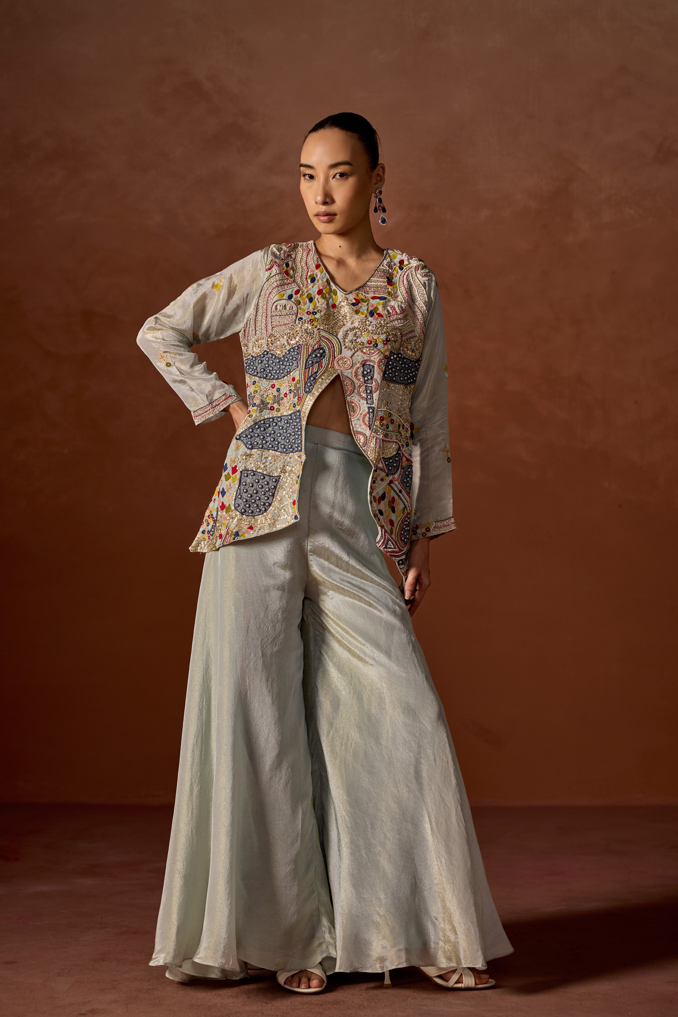 Ice Blue Embroidered Jacket and Palazzo Set