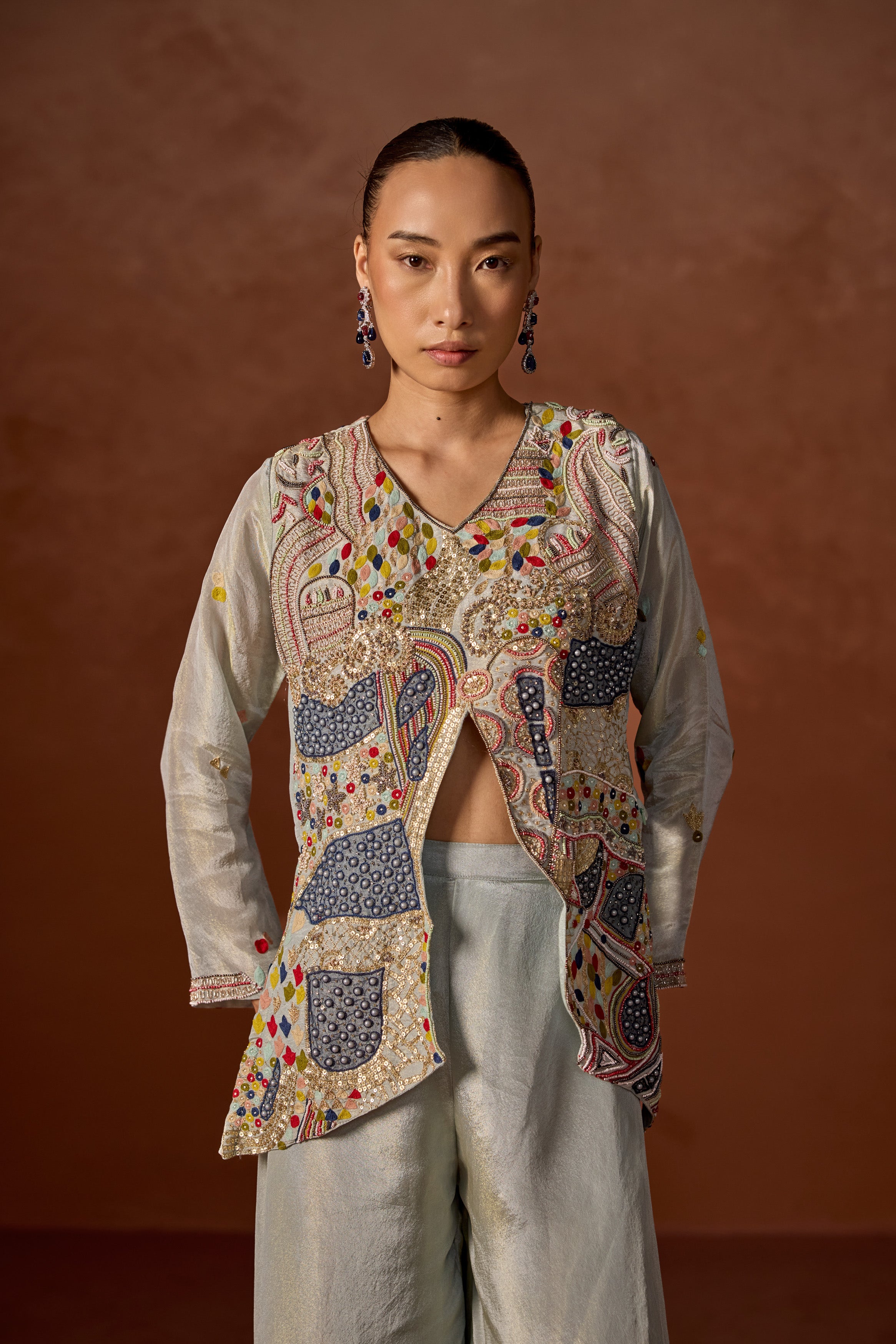 Ice Blue Embroidered Jacket and Palazzo Set
