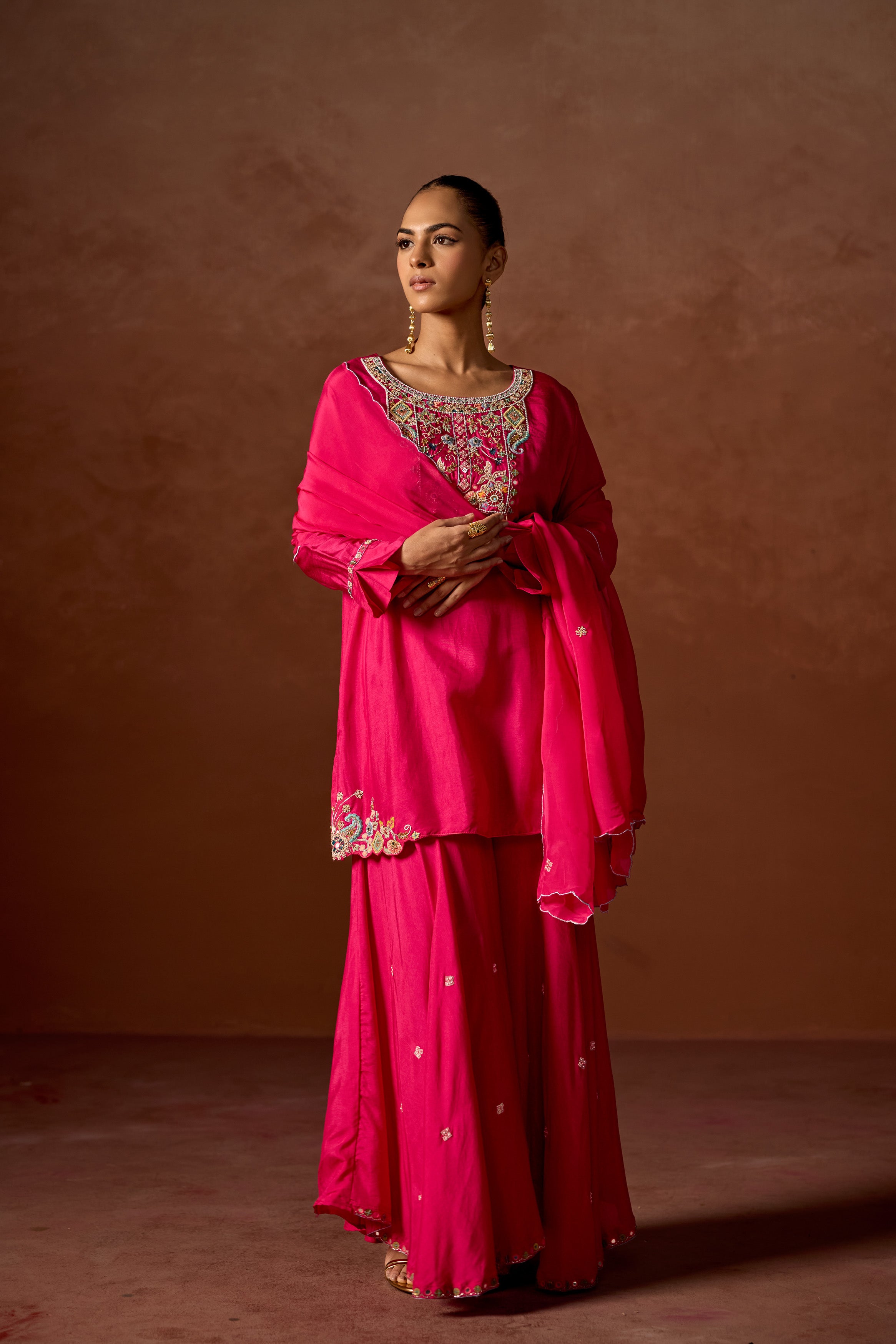 Hot Pink Embellished Chinon Silk Sharara Set
