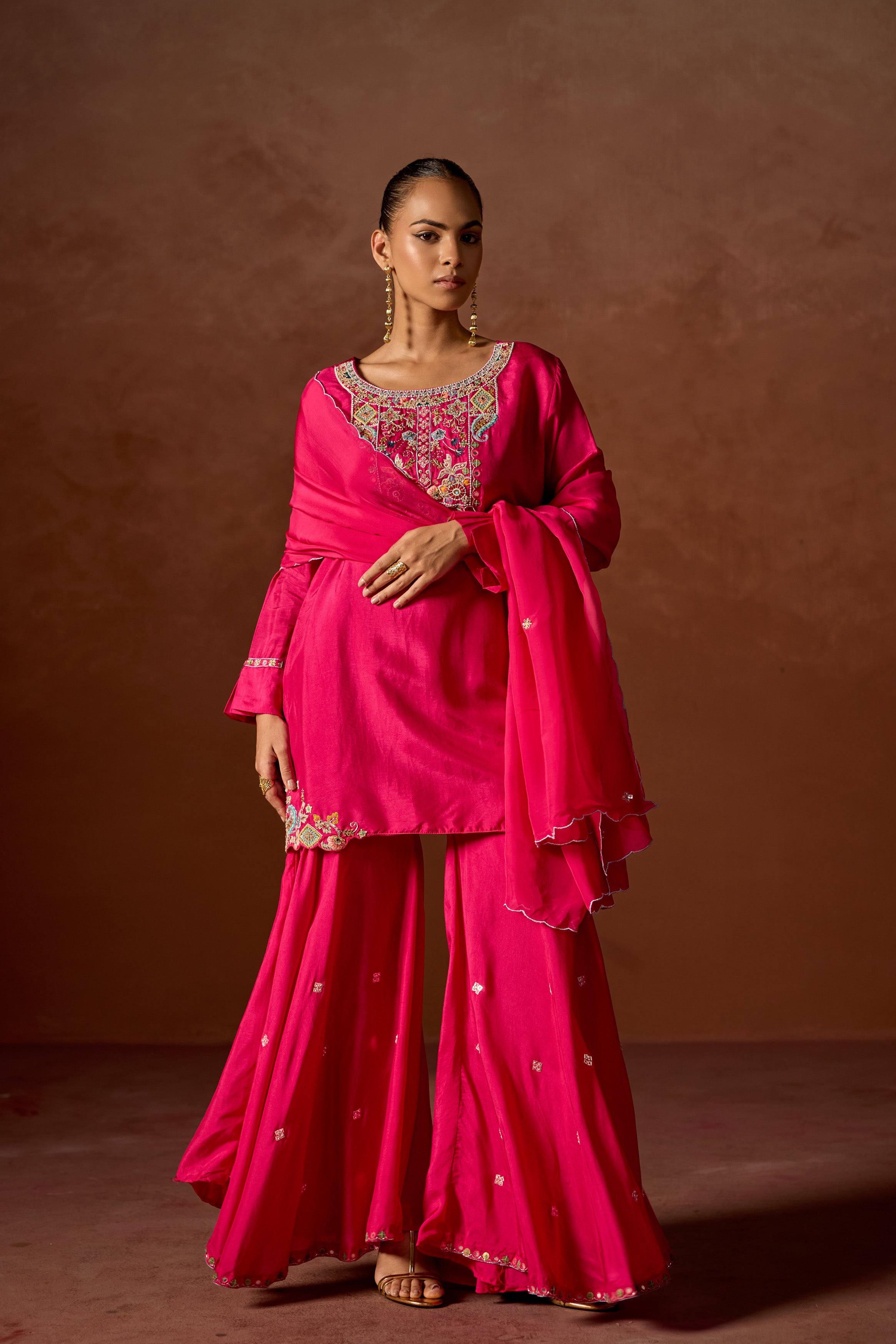Hot Pink Embellished Chinon Silk Sharara Set