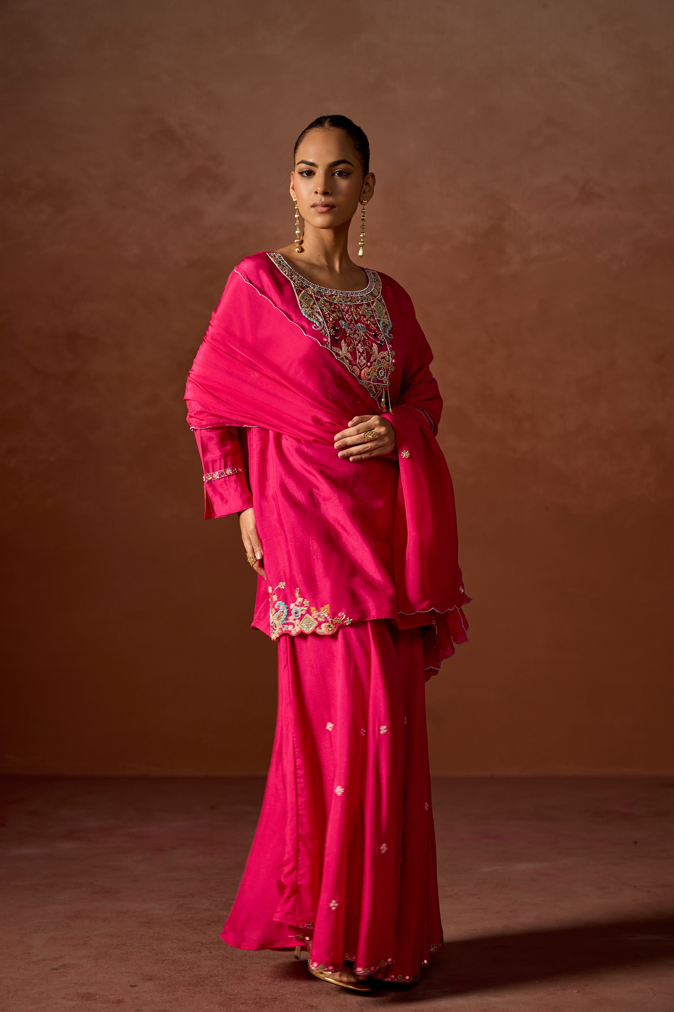 Hot Pink Embellished Chinon Silk Sharara Set