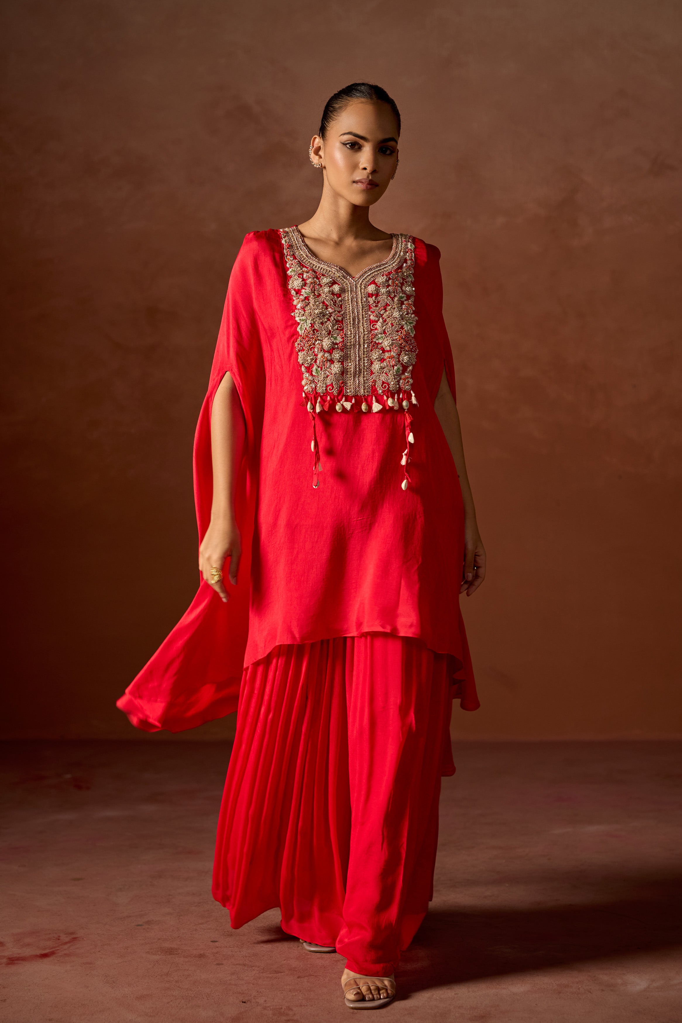 Red Embellished Raw Silk Kaftan Set
