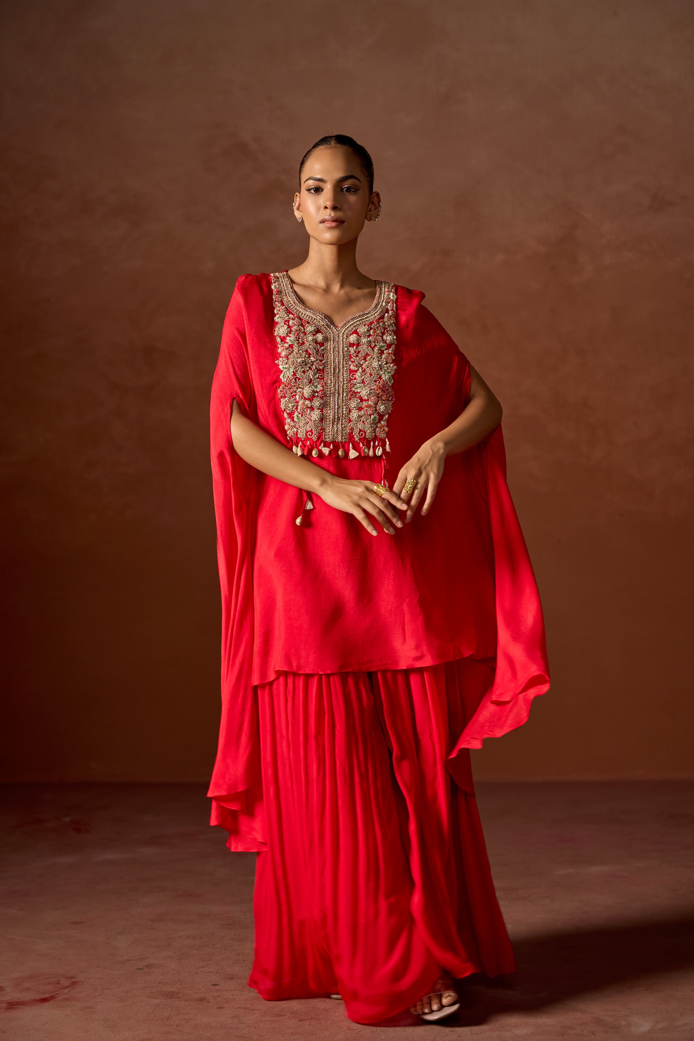 Red Embellished Raw Silk Kaftan Set