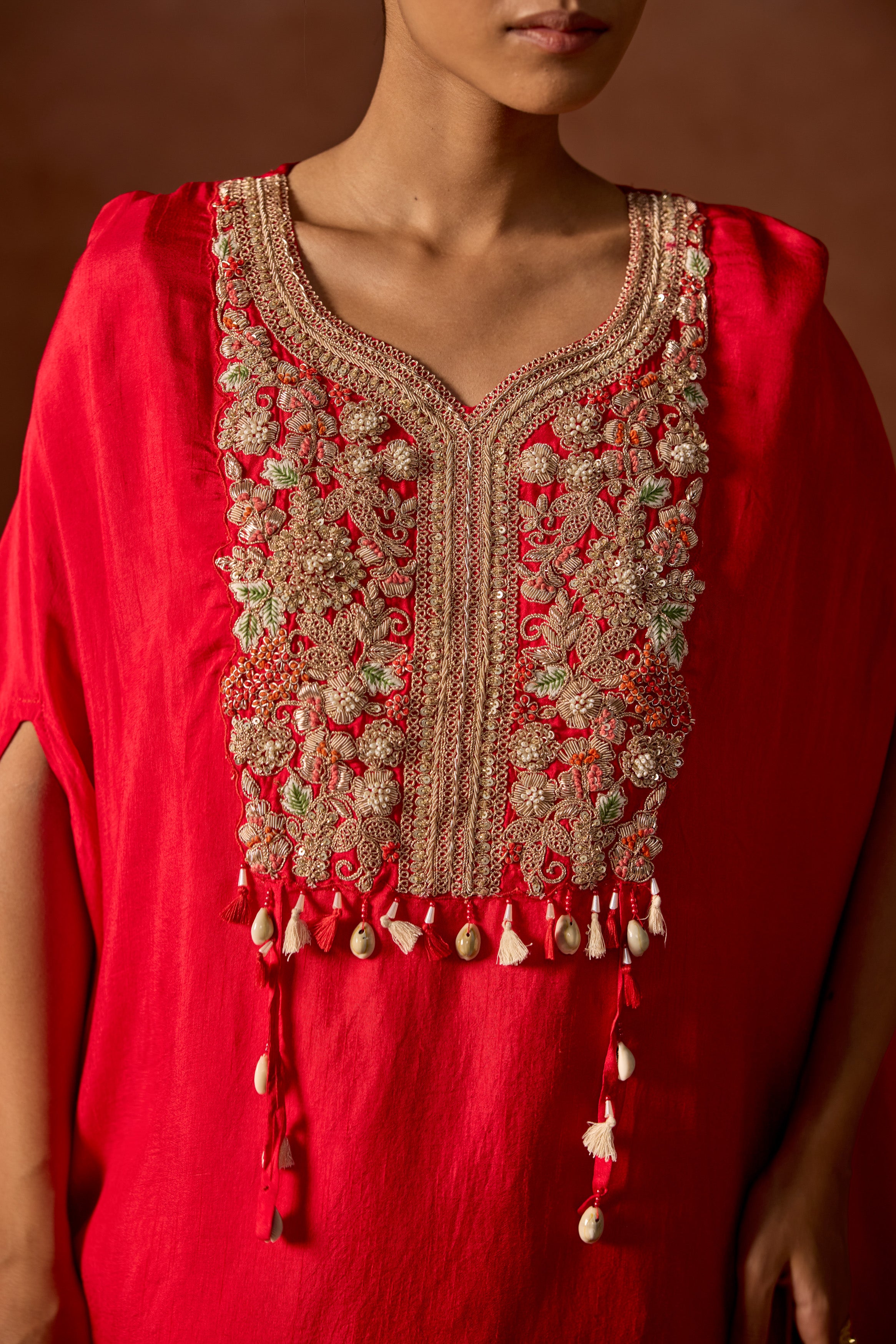 Red Embellished Raw Silk Kaftan Set