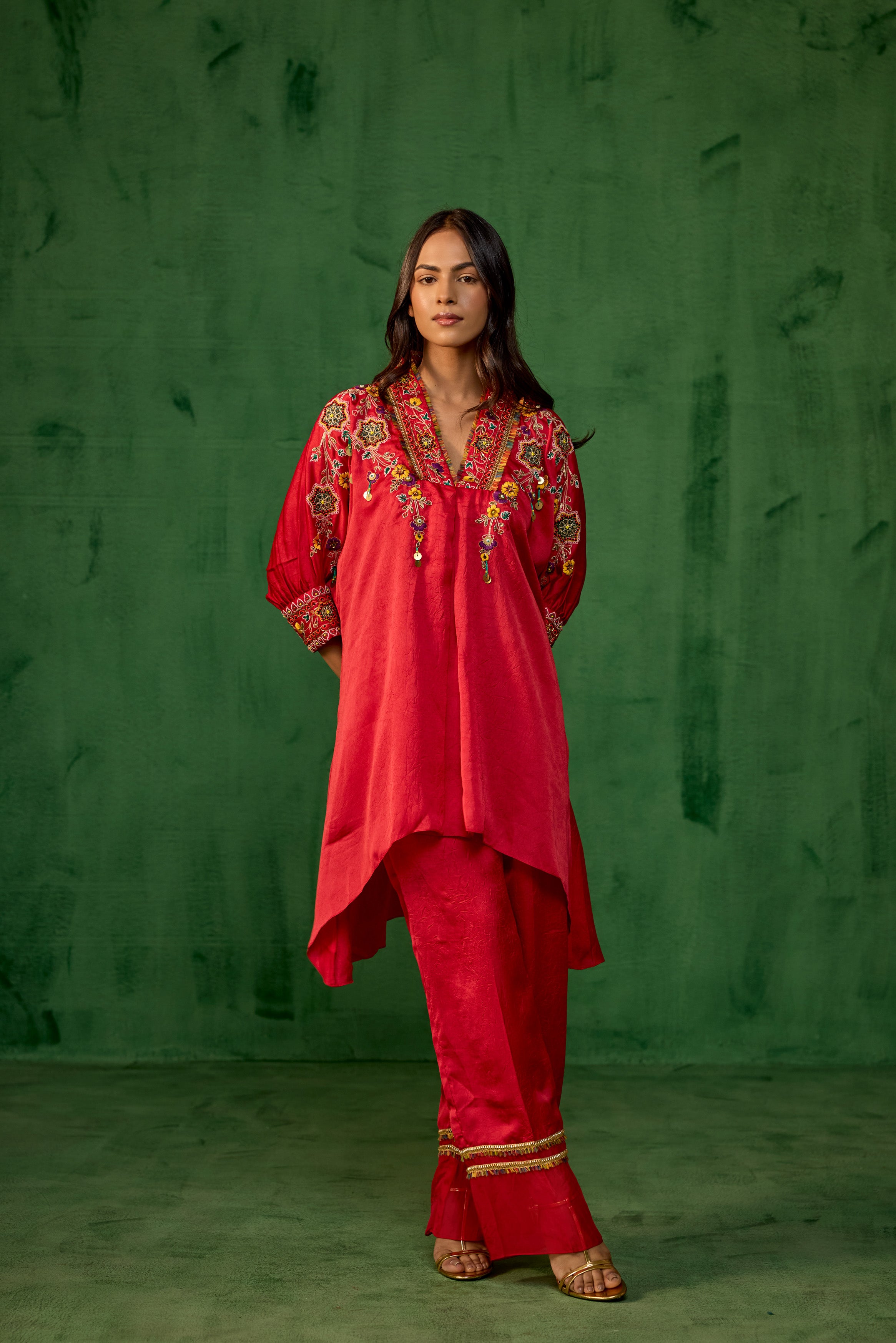 Premium Red Embroidered Crushed Silk Co-Ord Set