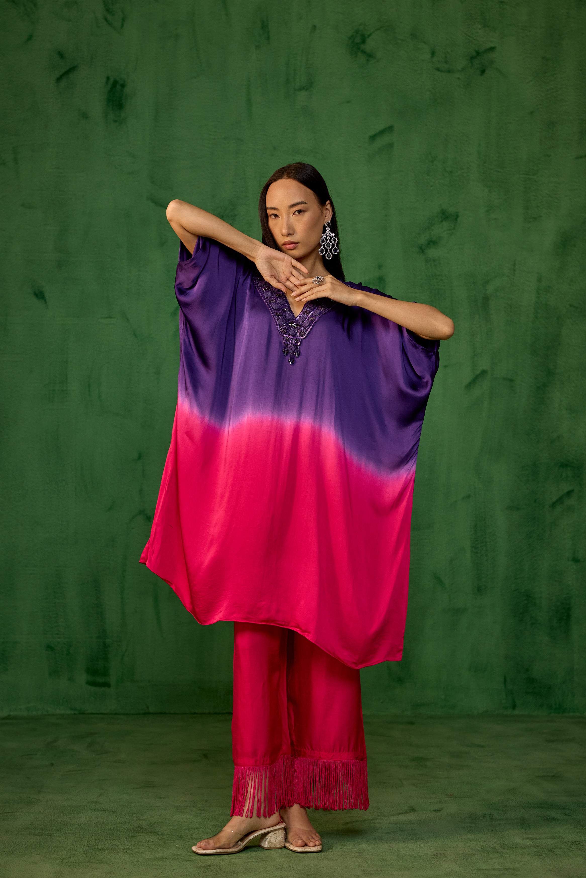 Royal Purple Embellished Satin Silk Kaftan Set