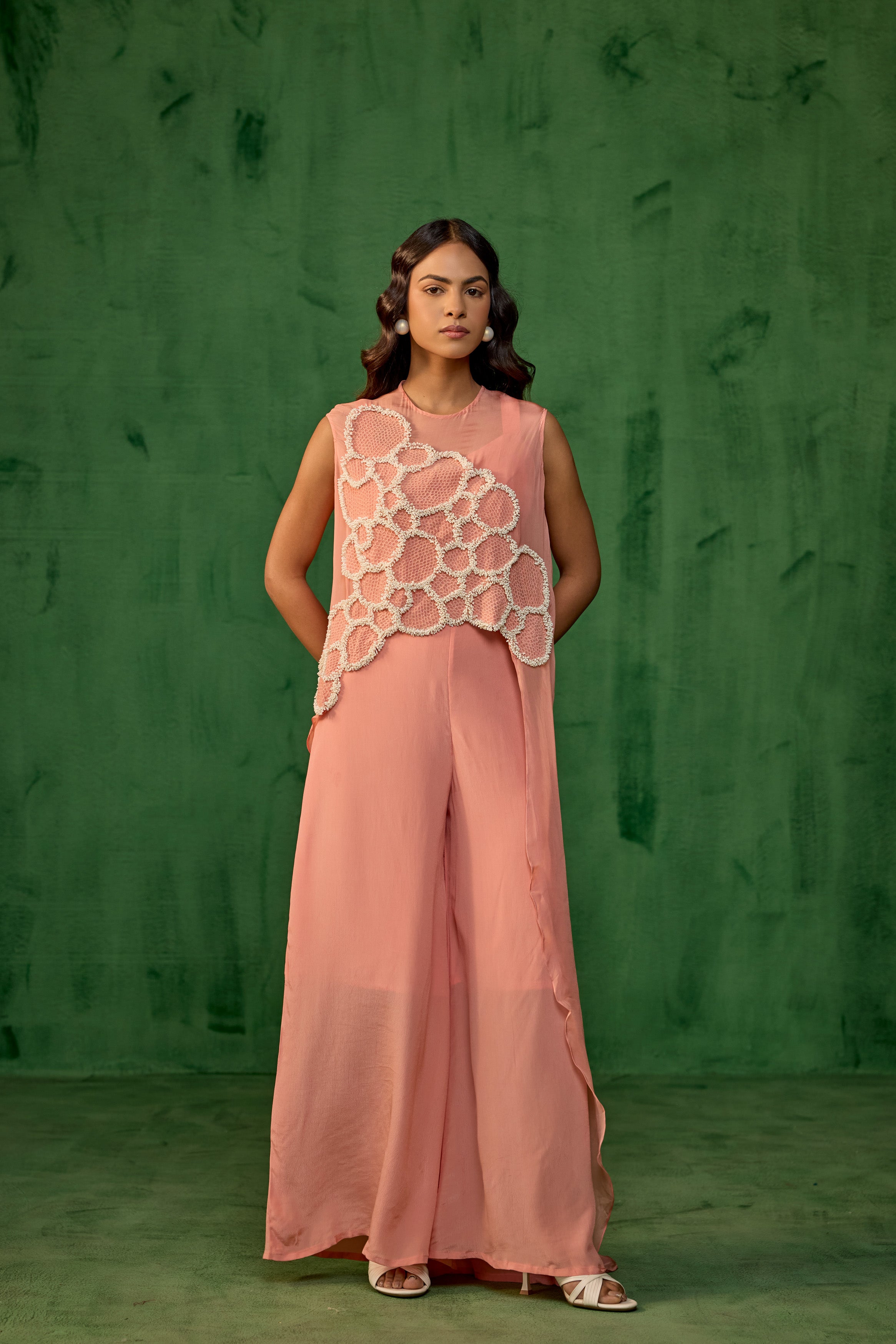 Peach Blush Embellished Premium Crepe Silk Co-Ord Set
