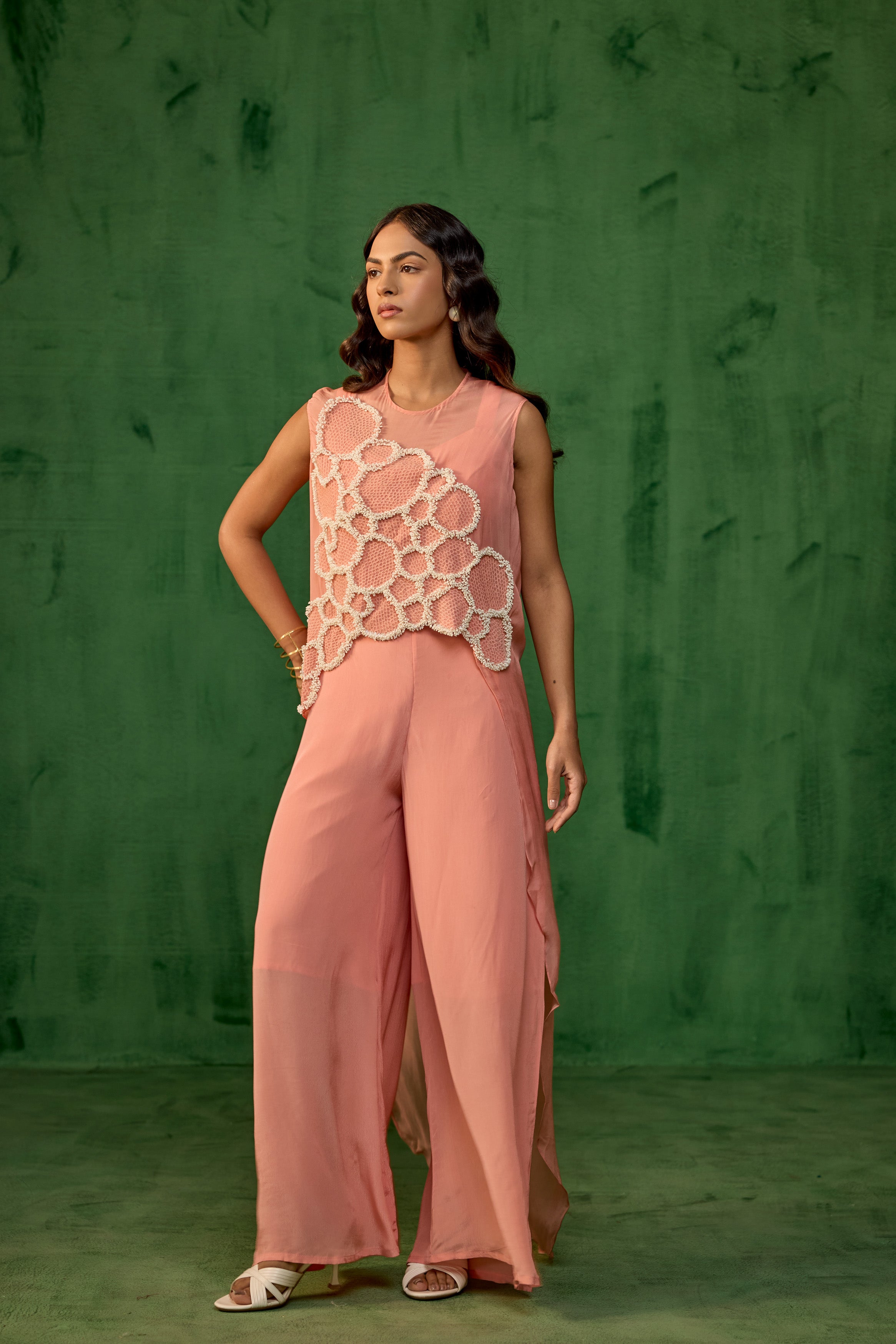Peach Blush Embellished Premium Crepe Silk Co-Ord Set