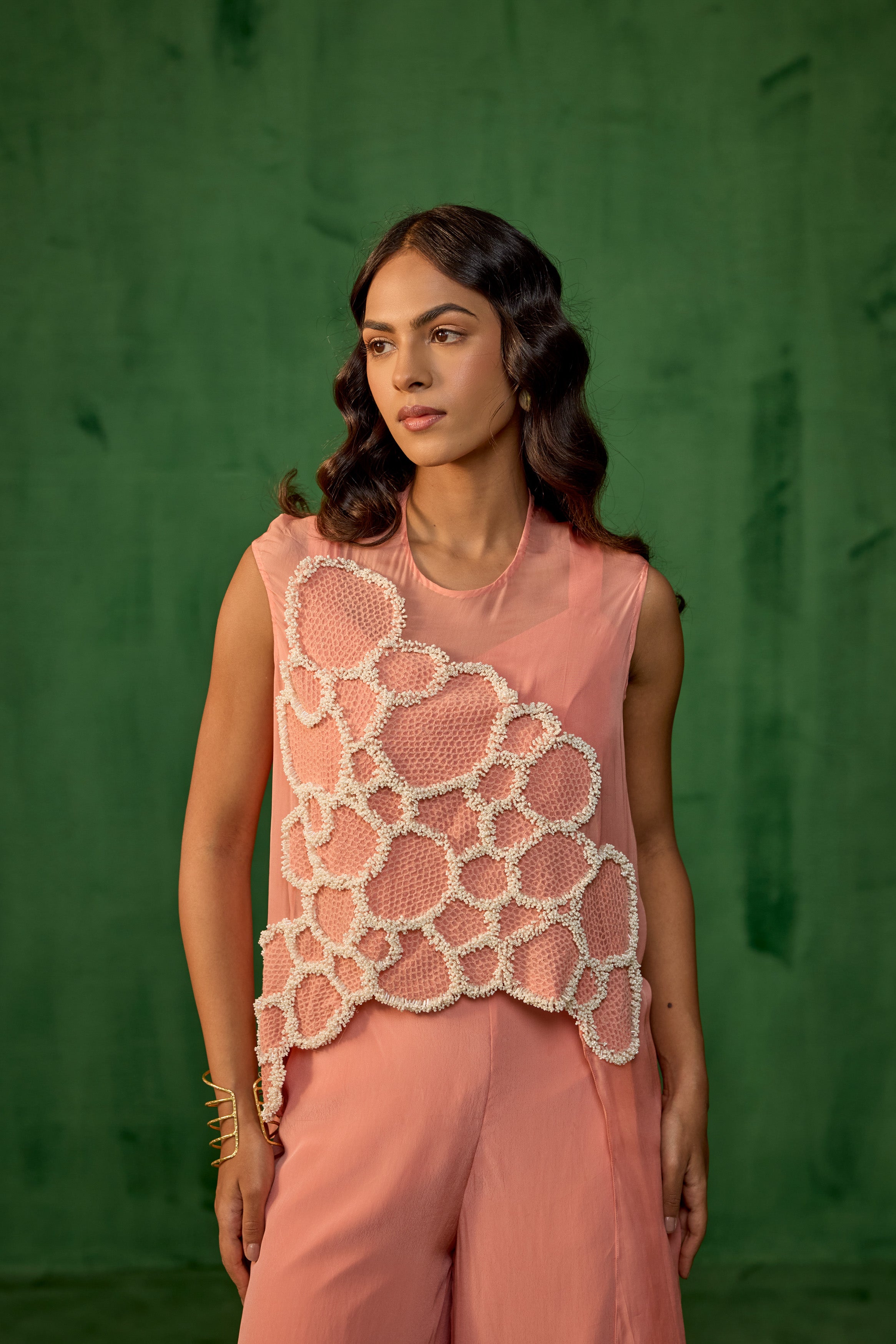 Peach Blush Embellished Premium Crepe Silk Co-Ord Set