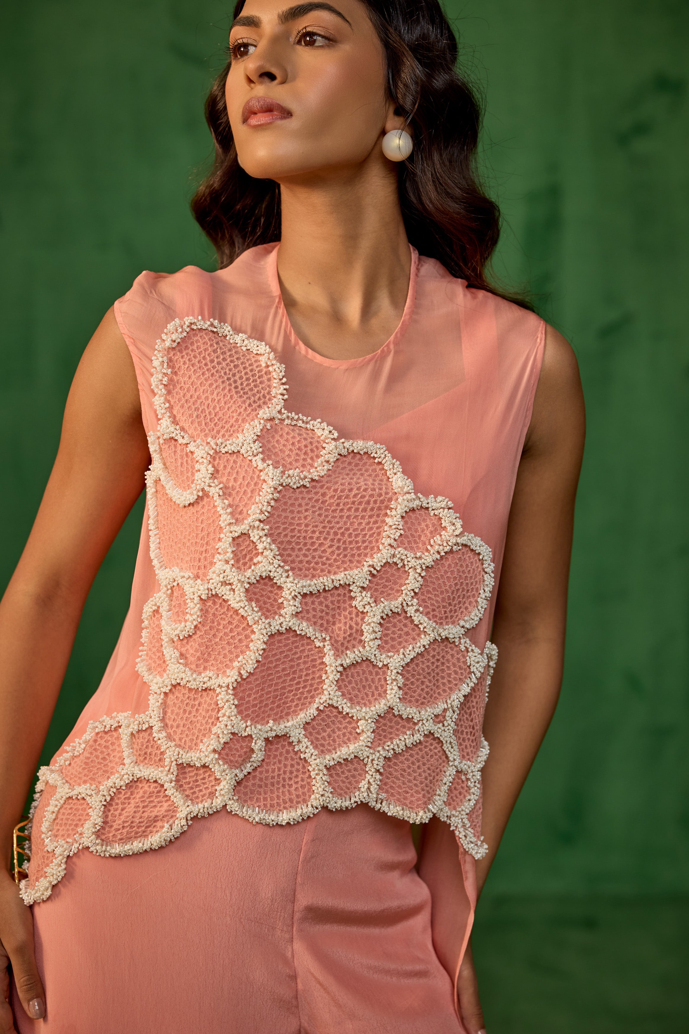 Peach Blush Embellished Premium Crepe Silk Co-Ord Set