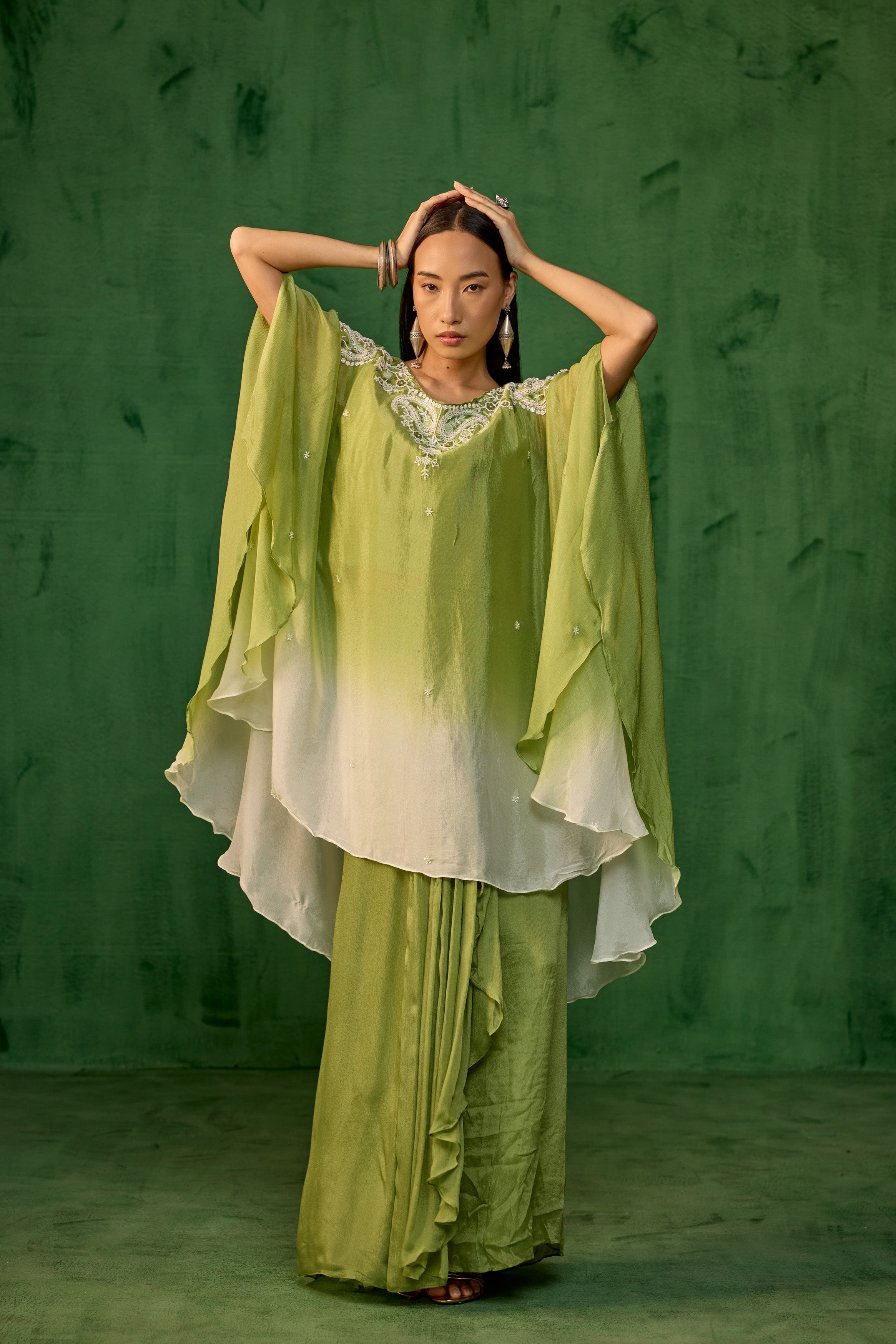 Ombre Green Embroidered Chinon Silk Kaftan Set