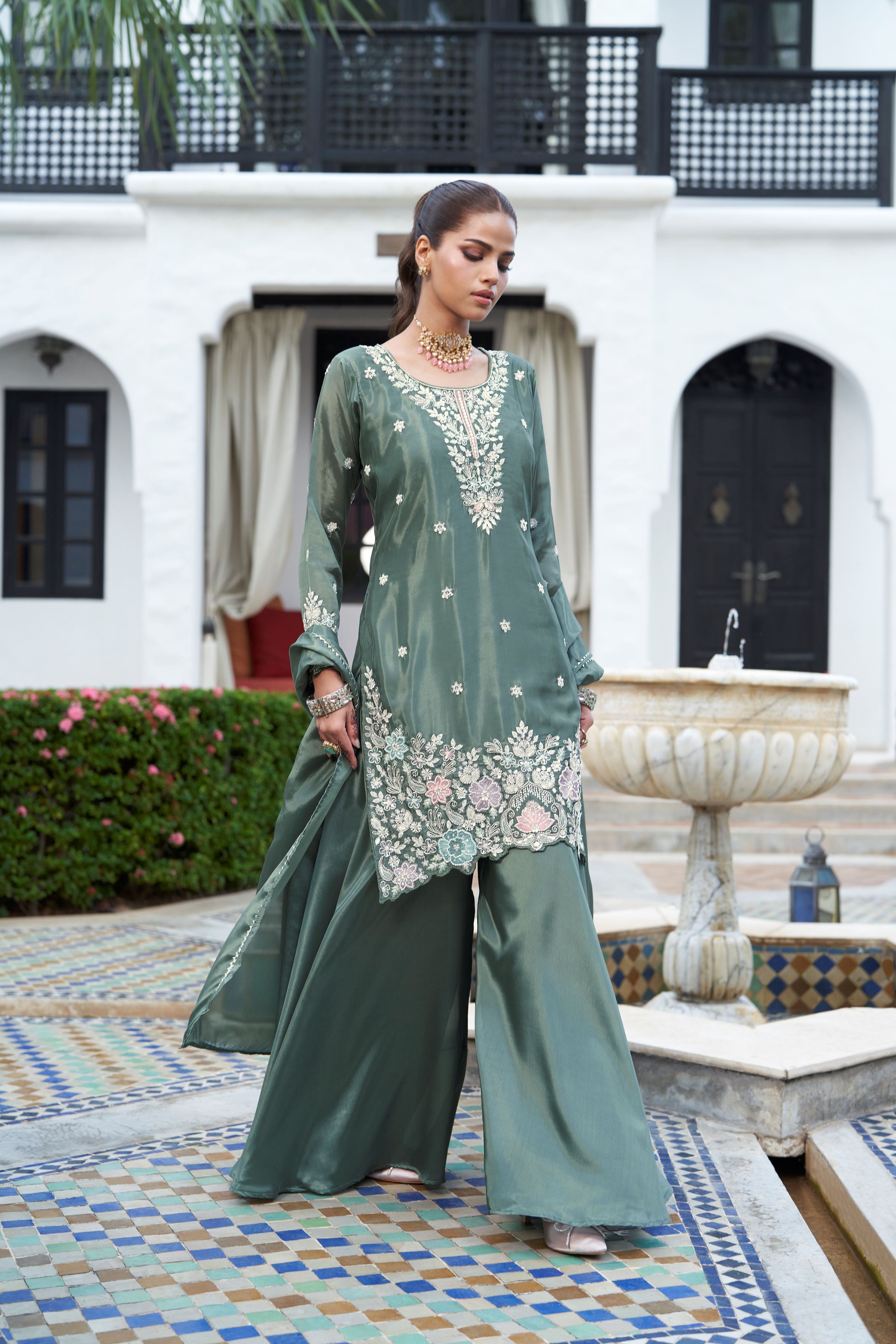 Sage Green Embellished Premium Silk Palazzo Set