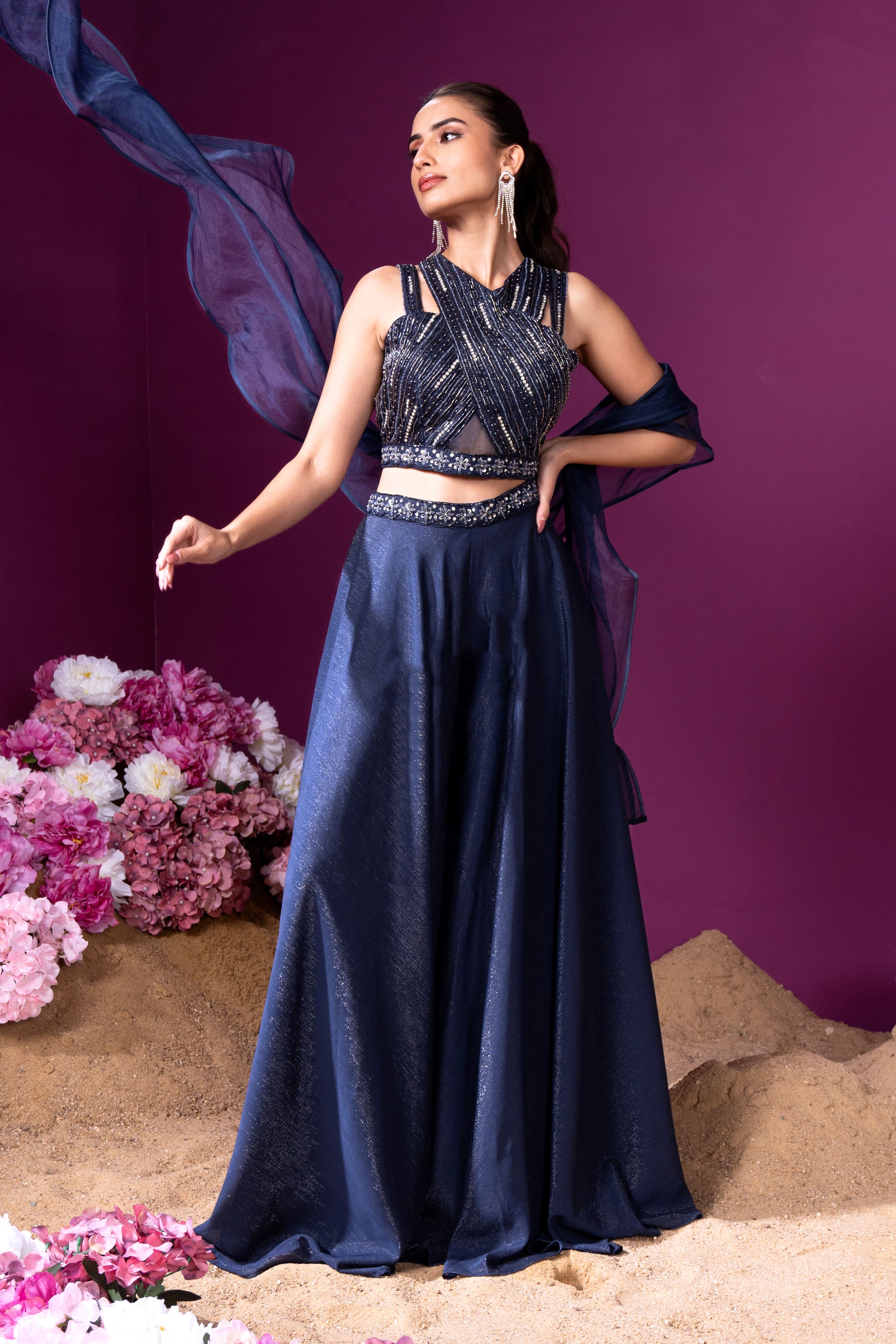 Navy Blue Embellished Crepe Silk Palazzo Set