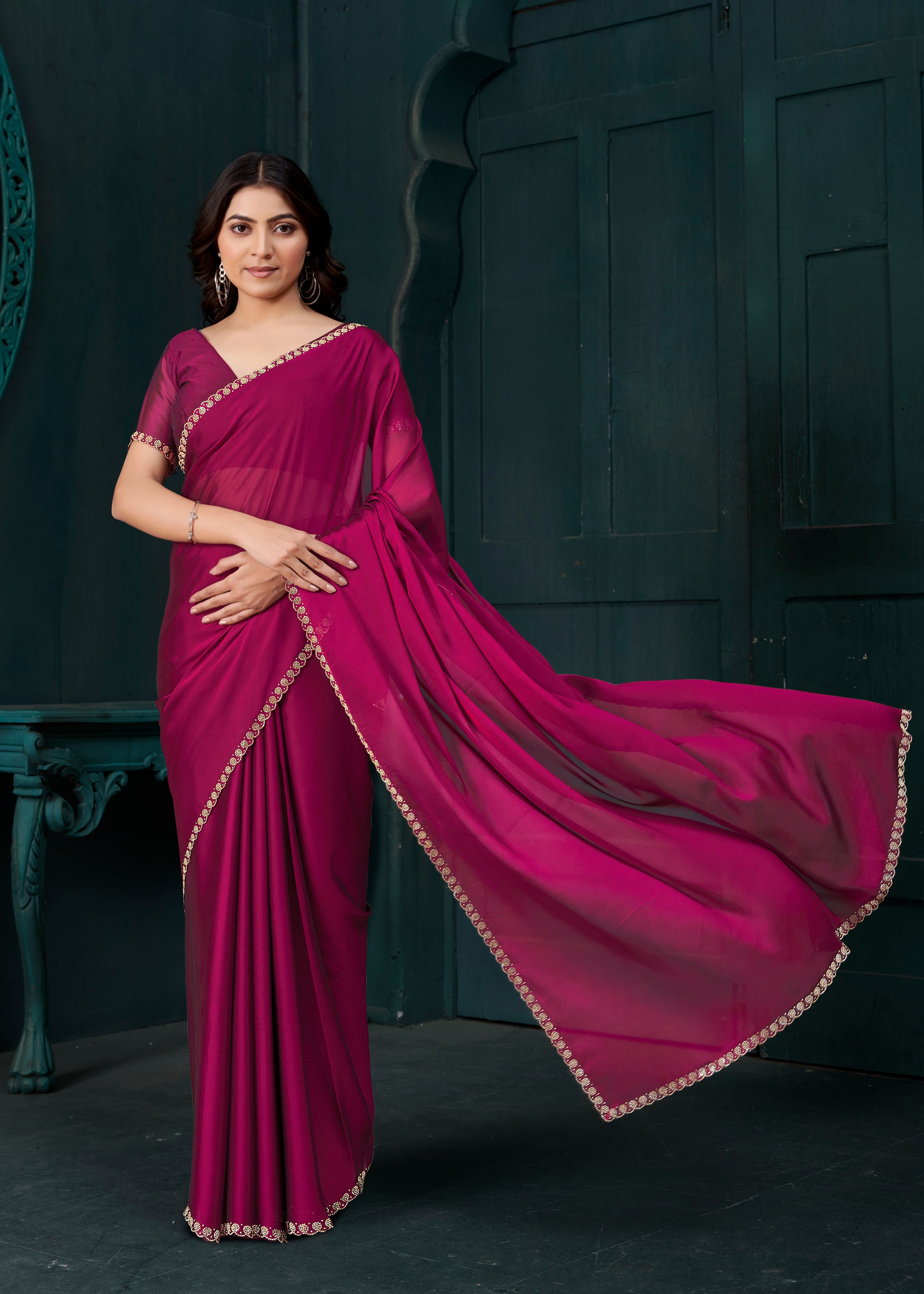 Deep Magenta Embellished Crepe Silk Saree