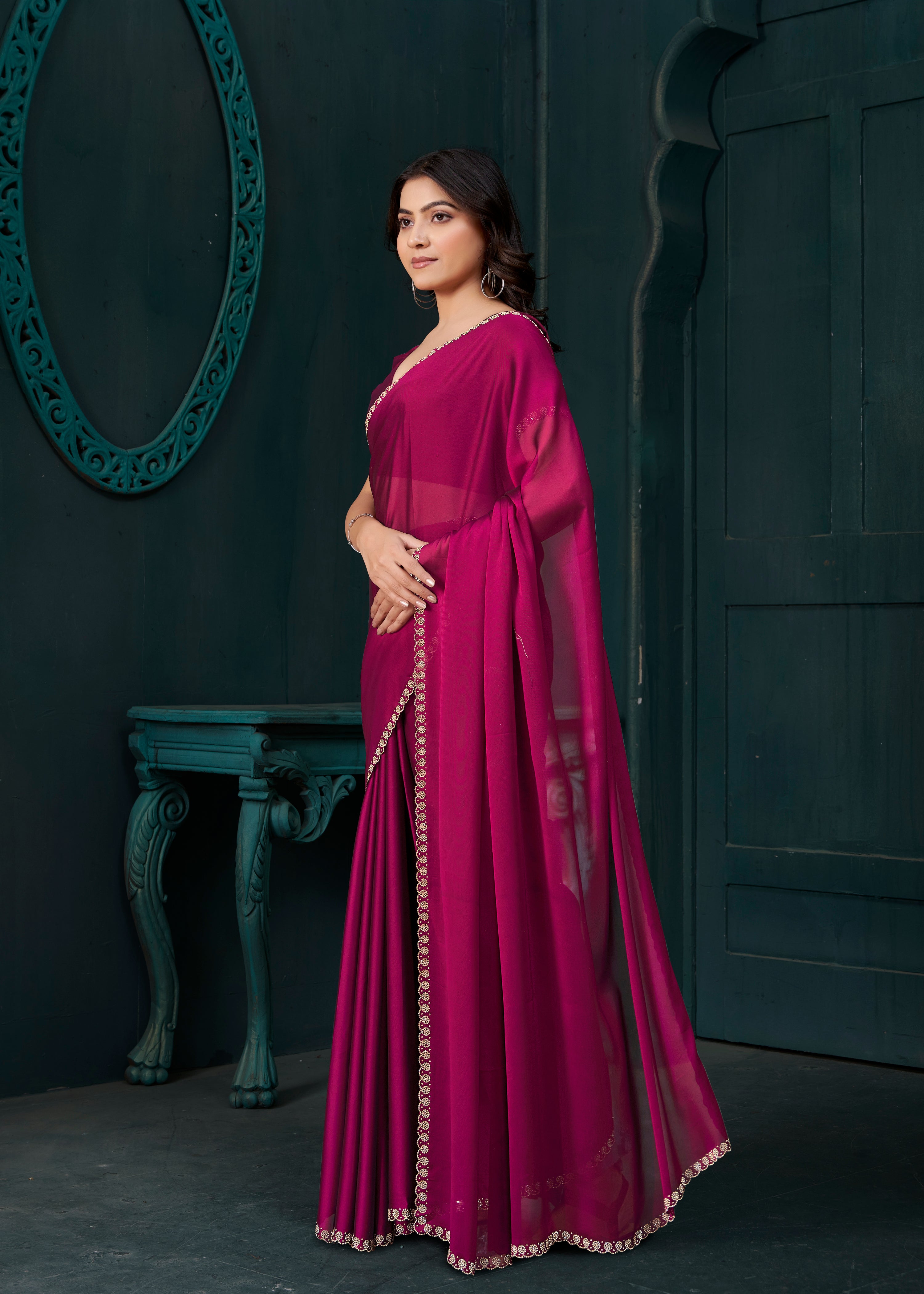 Deep Magenta Embellished Crepe Silk Saree