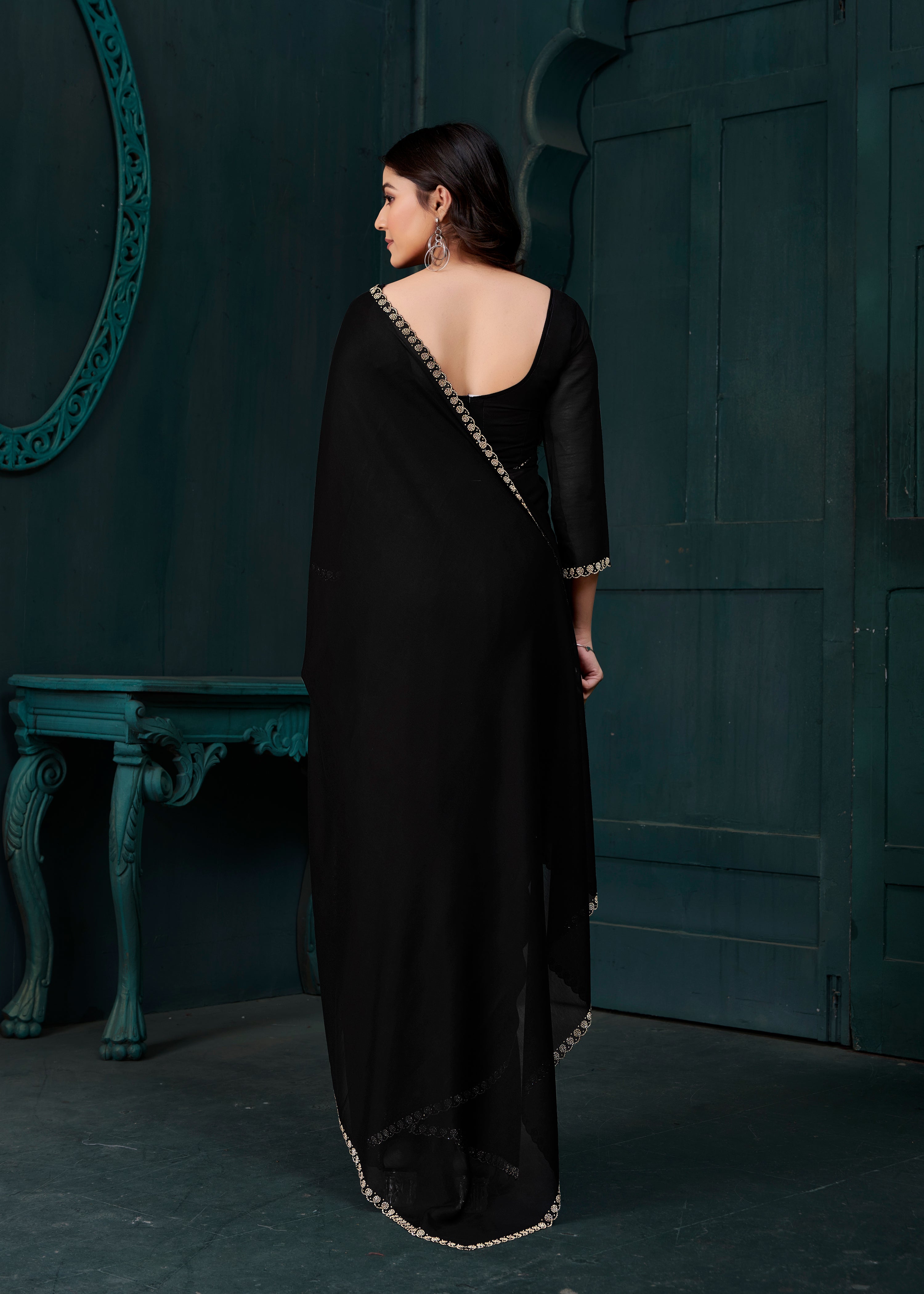 Deep Black Noir Embellished Crepe Silk Saree