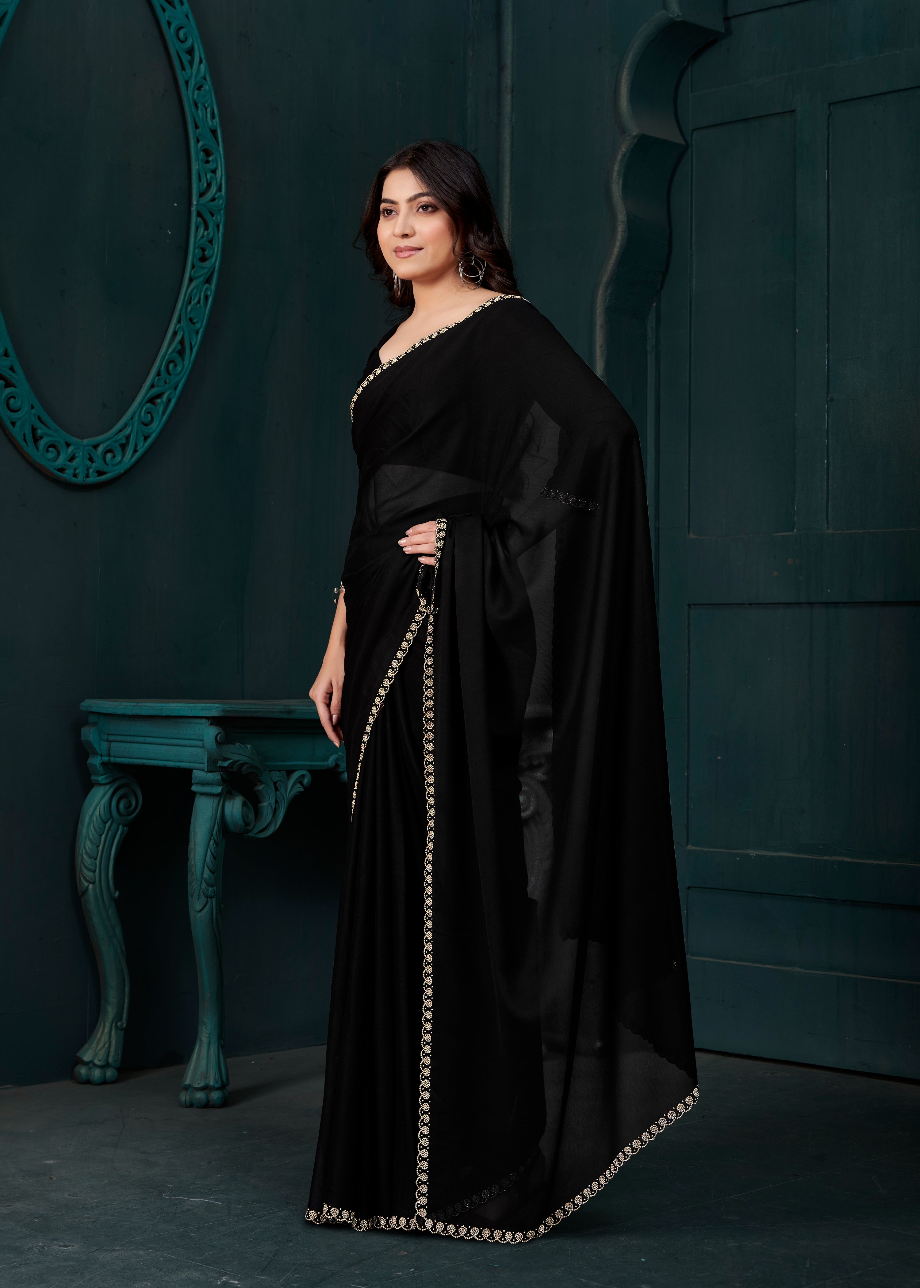 Deep Black Noir Embellished Crepe Silk Saree
