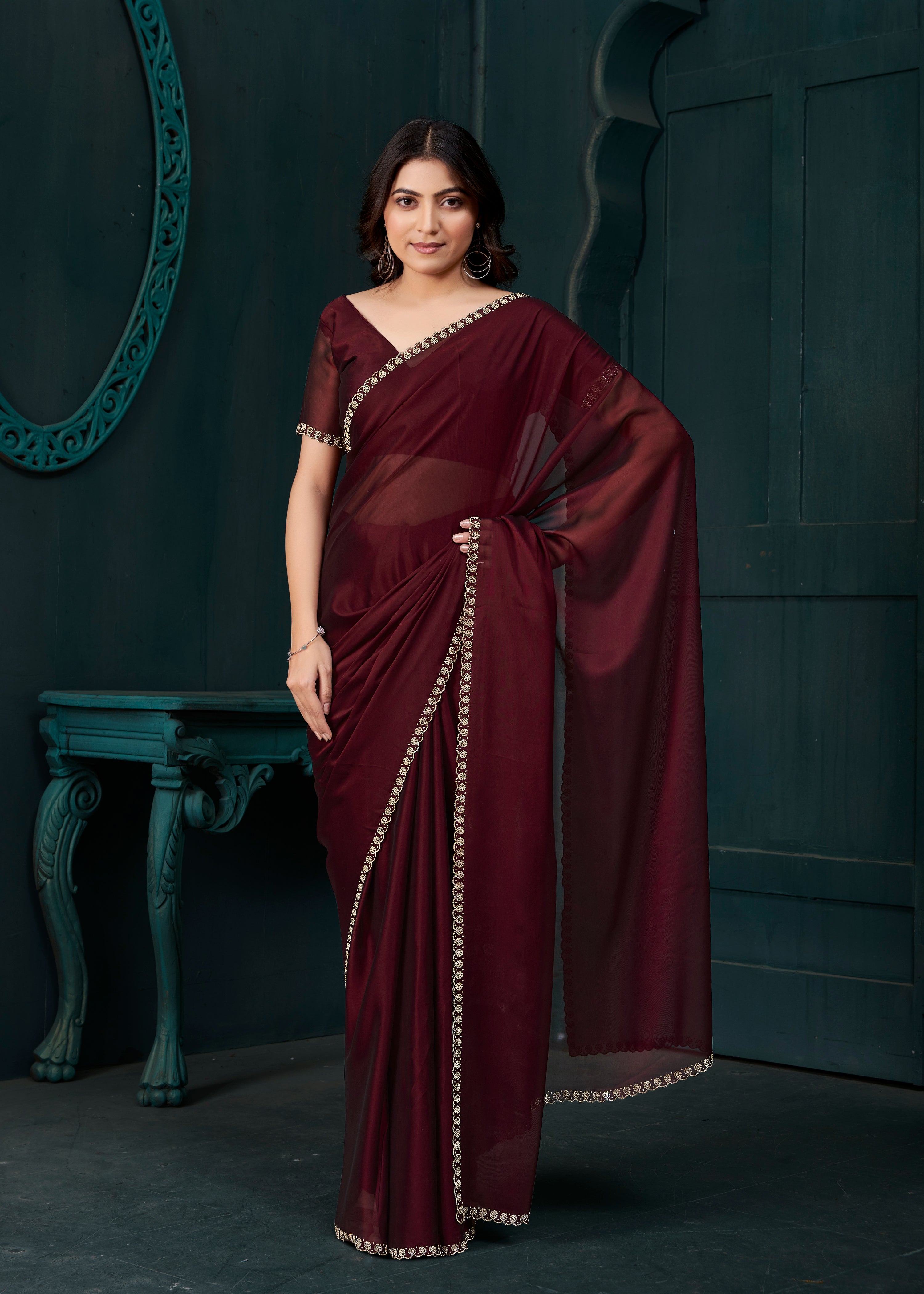 Deep Maroon Embellished Crepe Silk Saree