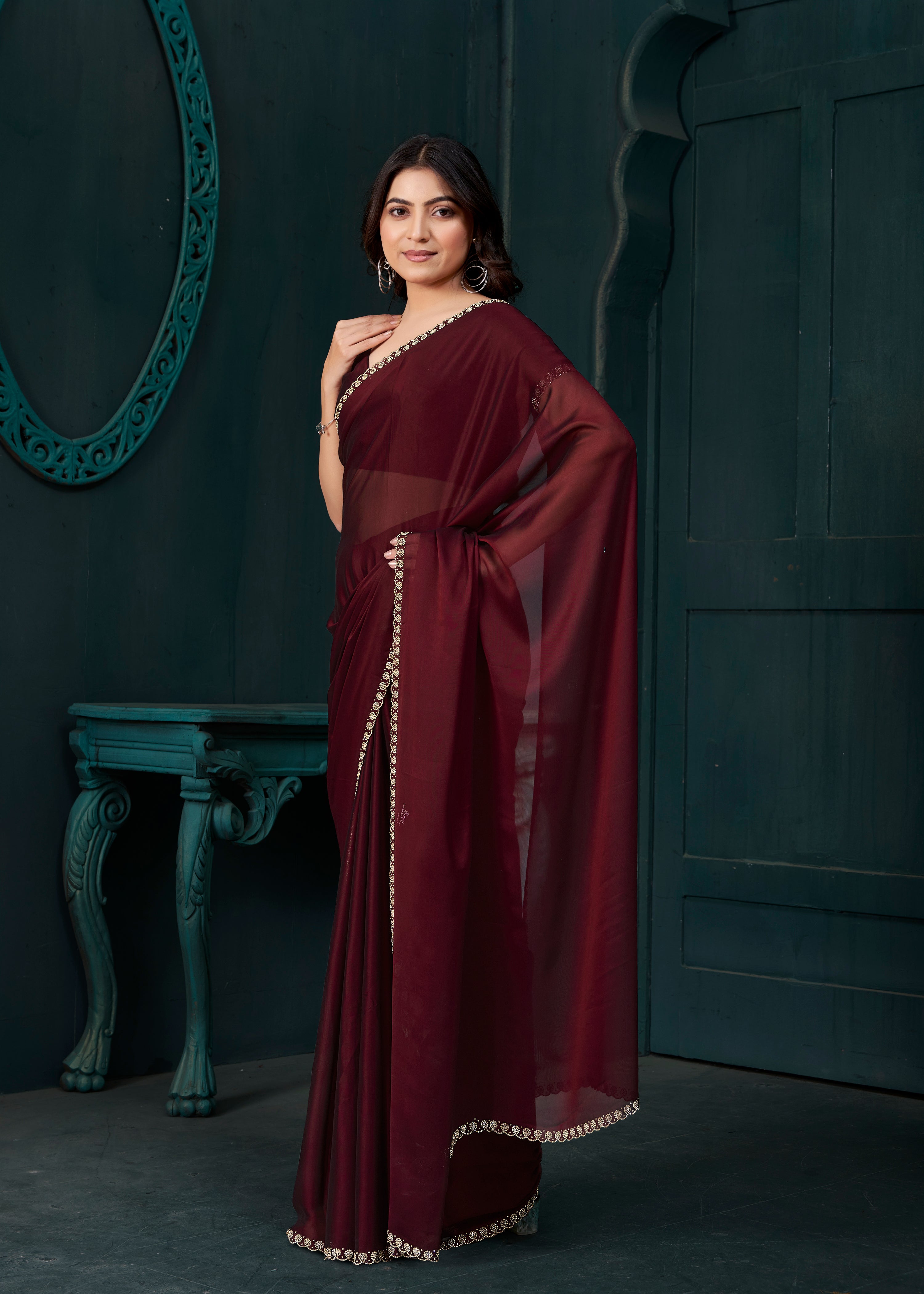 Deep Maroon Embellished Crepe Silk Saree